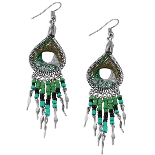 Handmade Peruvian Forest Green & Silver Beaded Dangle Earrings - Stainless Steel Jewelry for Women | Boho Chic Accessories for Parties, Weddings & Everyday Wear