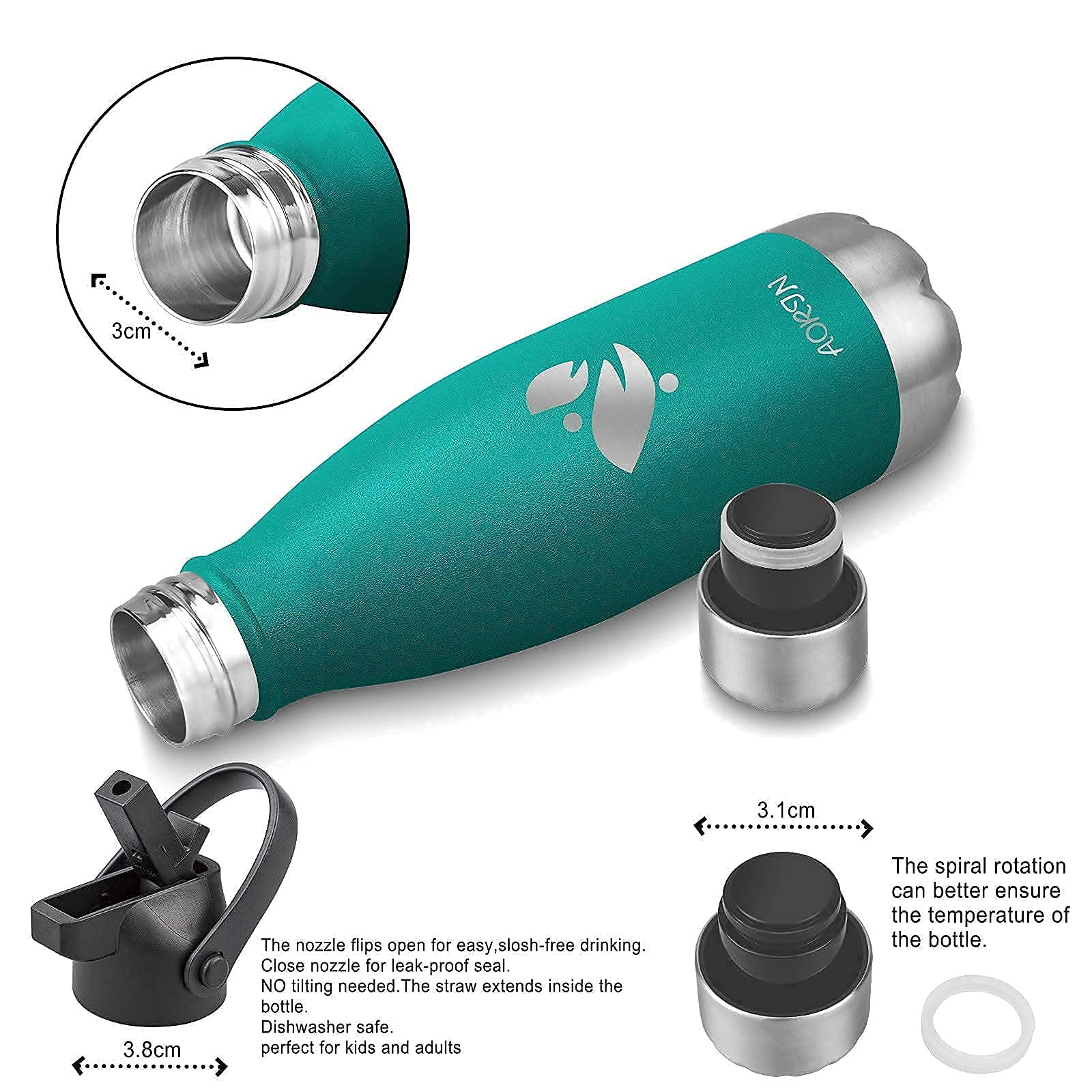 AORIN Stainless Steel Double Wall Vacuum Insulated Water Bottle - 350ml/500ml/750ml - Powder Coated, Scratch Resistant, Leak Proof, Easy to Clean - Perfect for Gym, Hiking, Travel & Office Use