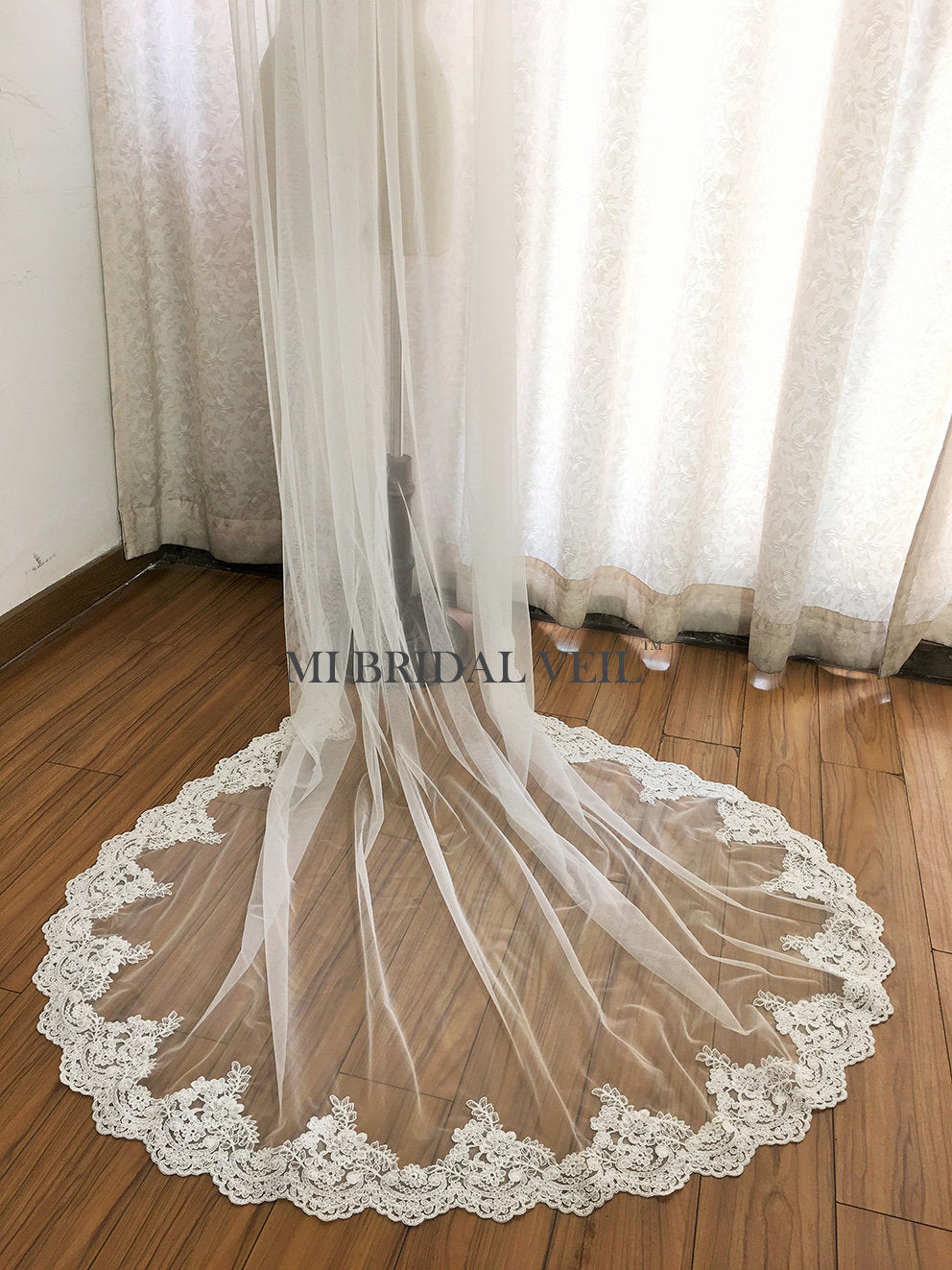 Elegant Cathedral Rose Lace Wedding Veil with Partial Lace Trim - Perfect for Bridal Ceremonies, First Dances & Romantic Photoshoots