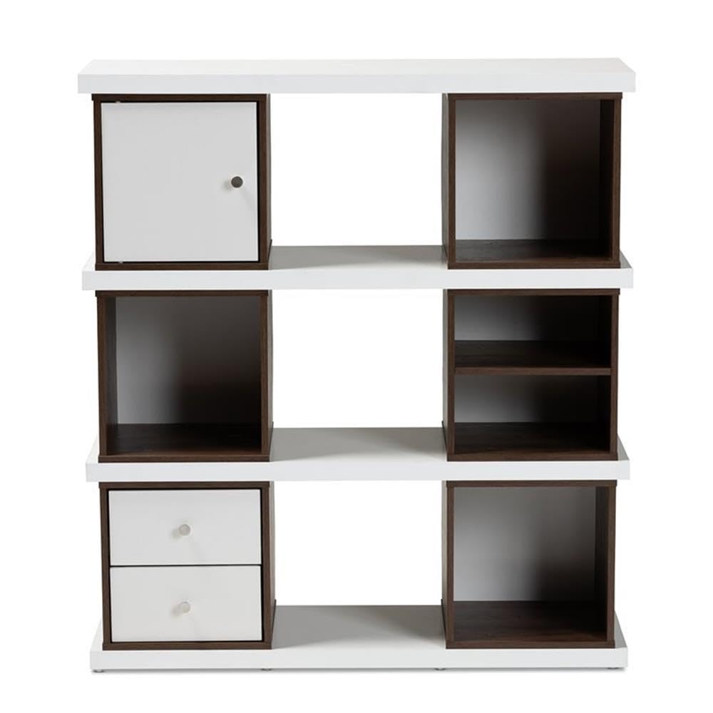 BOWERY HILL Modern Two-Tone White & Walnut 2-Drawer Bookcase - Stylish Storage for Home Office, Living Room & Bedroom