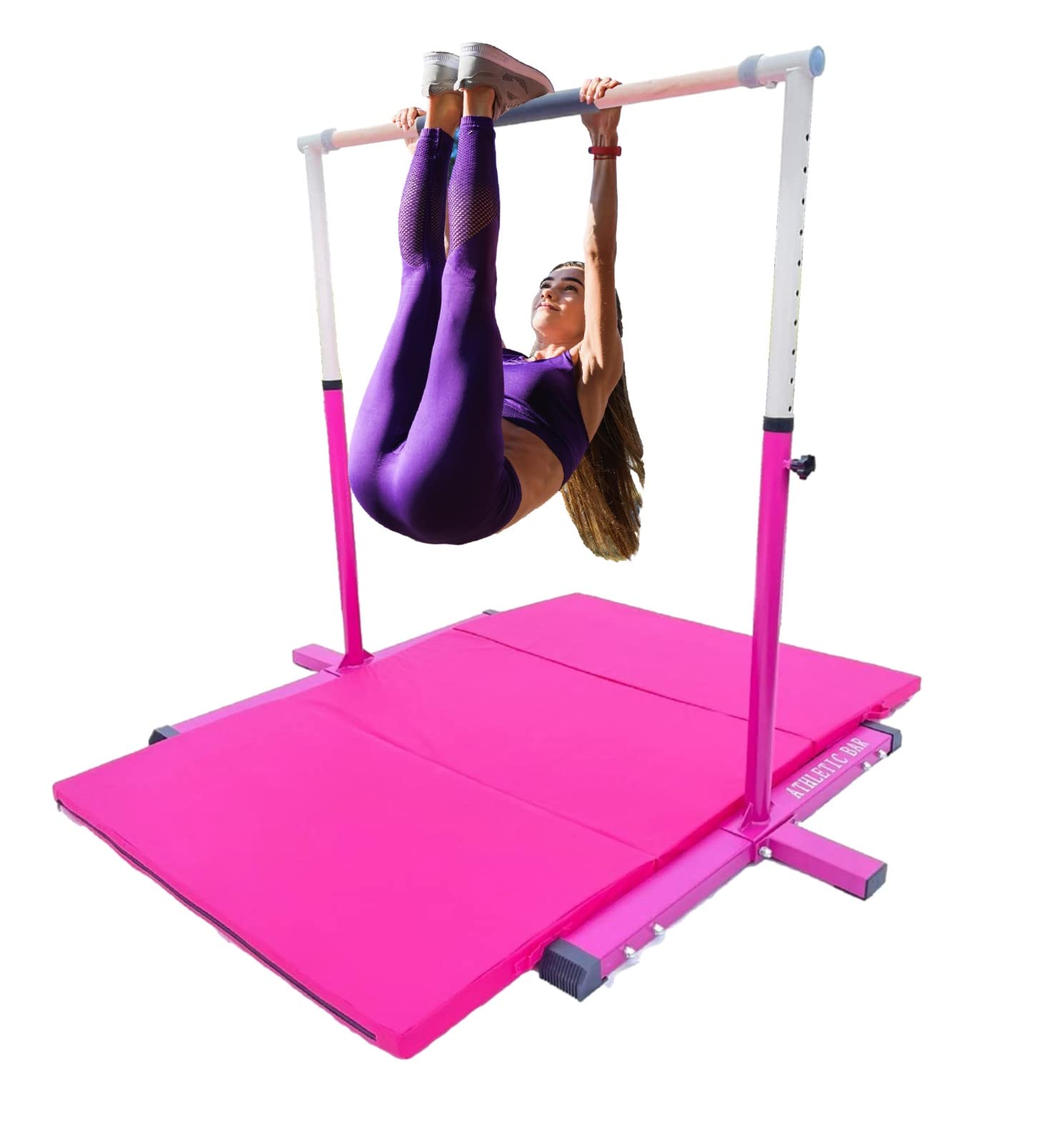 Adjustable Gymnastics Bar for Kids & Adults - 3 to 5 FT Height, with 6'x4' Tumble Mat - Home Gym Equipment for Junior Gymnasts - Expandable Asymmetric Training Bar (Pink) - Perfect for Indoor Practice, Backyard Training & Gymnastics Skill Development