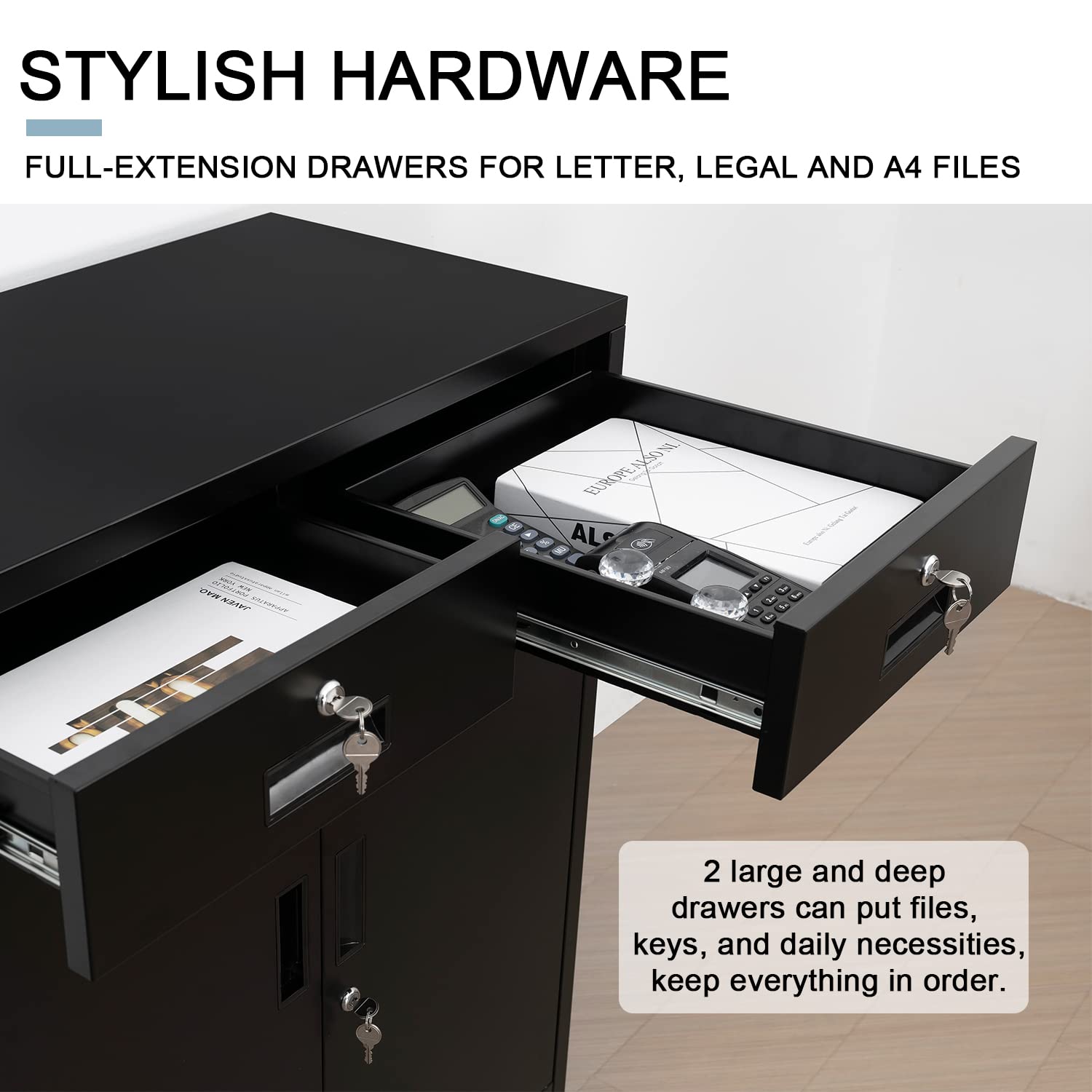 Lockable 2-Drawer Steel Storage Cabinet with Doors & Shelves - 37