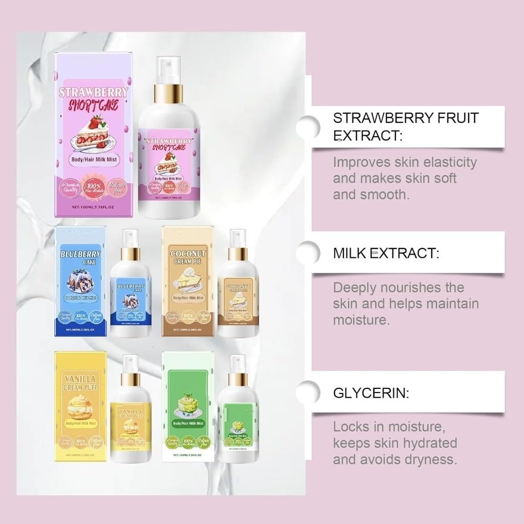 Vanilla Cream Puff & Strawberry Shortcake Body Milk Mist - Long Lasting Hydrating Body Spray & Hair Milky Mist | Natural Moisturizing Lotion for Dry Skin & Frizz-Free Hair | Perfect for Daily Hydration, Post-Shower Care & On-The-Go Refreshment