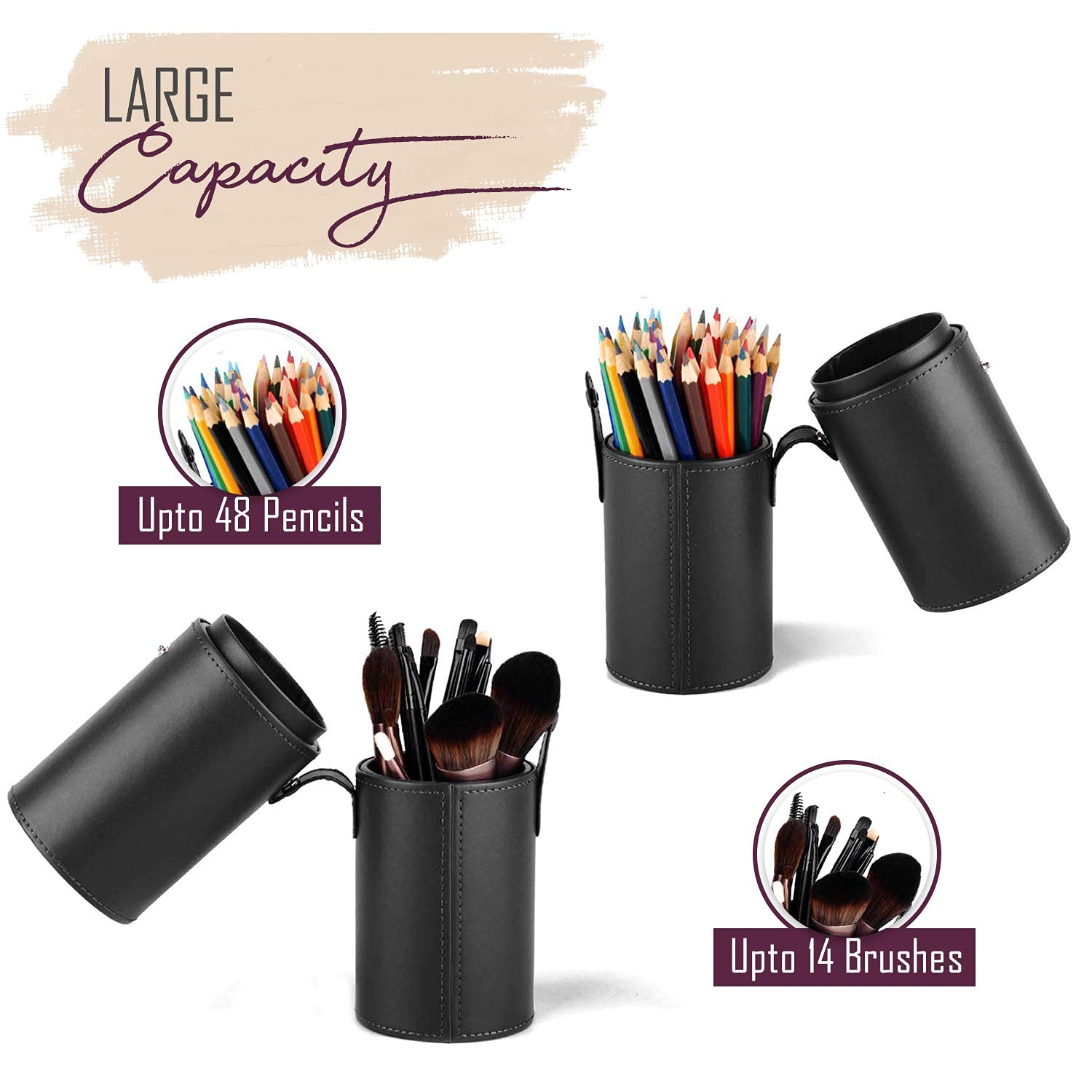 Premium PU Leather Makeup Brush Holder & Organizer - Large Cosmetic Brush Stand for Makeup Artists, Travel-Friendly Dustproof Pouch with Pouch Cup Case (Black, 7.6cm) - Perfect for Professional Makeup Kits, Salon Use & On-the-Go Beauty Essentials