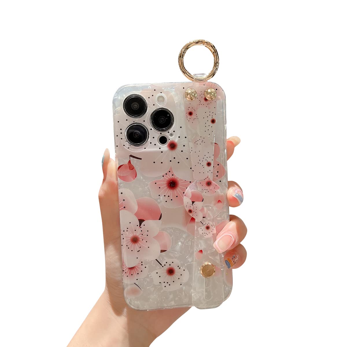 Cute Sparkle Glitter iPhone 13 Pro Max Case - Shockproof Protective Silicone Cover with Wrist Strap & Kickstand Ring - Pink Flower Design for Women & Girls | Perfect for Daily Use, Travel & Photo Shoots