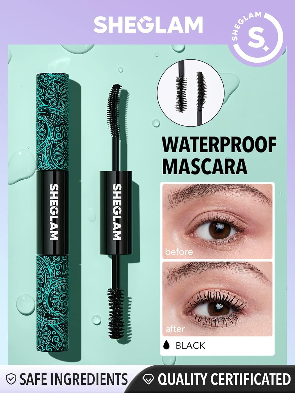 SHEGLAM 2-in-1 Black Waterproof Mascara for Volume & Length - Long Lasting Tubing Mascara with Dual-Ended Wand - Perfect for Everyday Wear, Date Night & Special Occasions (PALE)