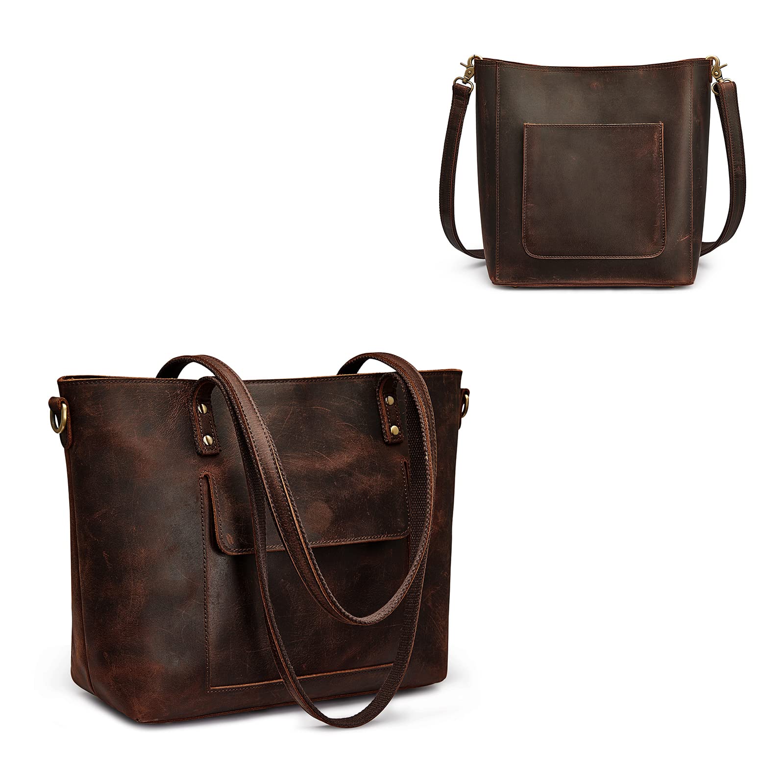 S-ZONE Genuine Leather Tote Bag for Women with Matching Distressed Shoulder Bucket Purse - Stylish Handbag Set for Work, Travel & Everyday Use