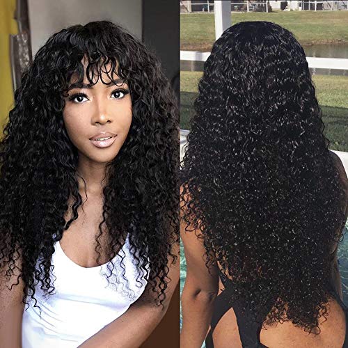 Pizazz 9A Kinky Curly Human Hair Wigs with Bangs for Black Women - 150% Density Glueless Machine Made Half Lace Front Wig - Natural Color 16 Inch Curly Wigs - Perfect for Daily Wear, Cosplay & Special Occasions
