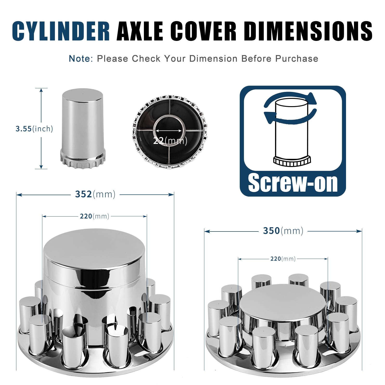 Chrome Semi Truck Wheel Covers - Set of 2 Front & 4 Rear Axle Hub Covers with 33mm Thread-On Lug Nut Covers for Semi Trucks & Trailers | Heavy Duty Protection & Stylish Upgrade for Long Haul Trucks