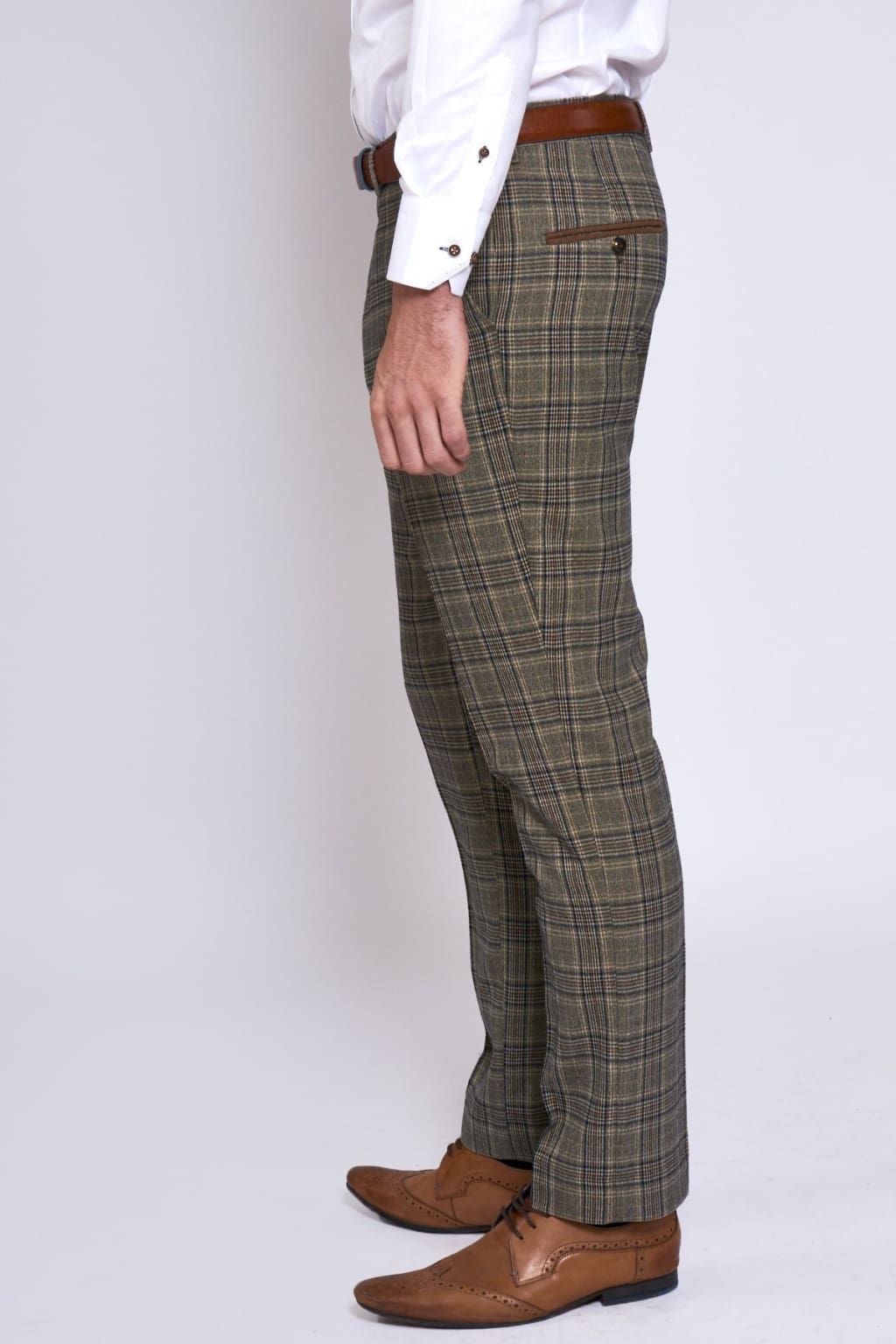 Marc Darcy Enzo Tan Check Tweed Trousers for Men - Classic Slim Fit Dress Pants for Office, Business & Formal Occasions