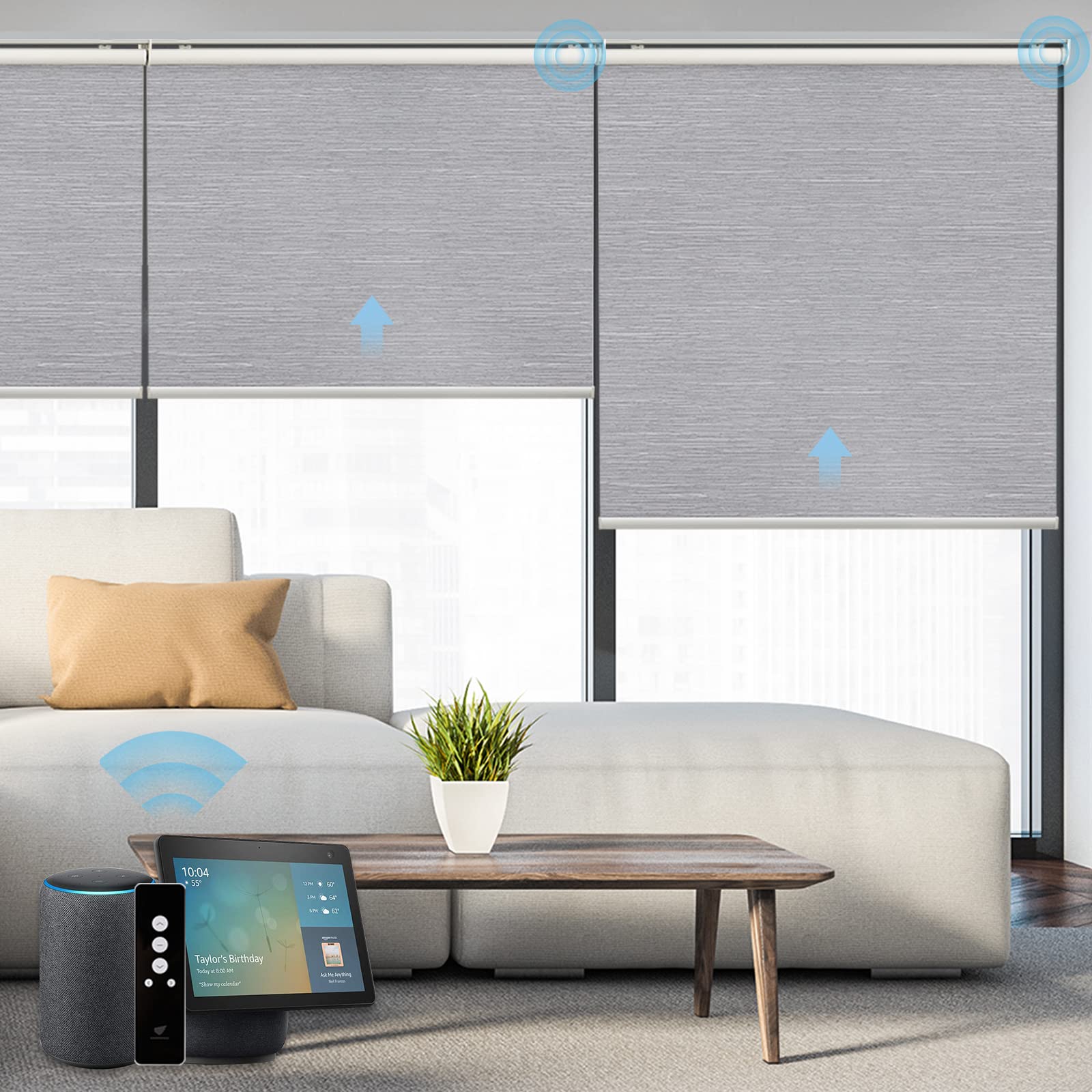 SmartWings Motorized Roller Shades - 100% Blackout Smart Window Blinds with Zigbee Motor, Alexa & Google Home Compatible, Cordless Rechargeable Remote Control - Light Grey (58