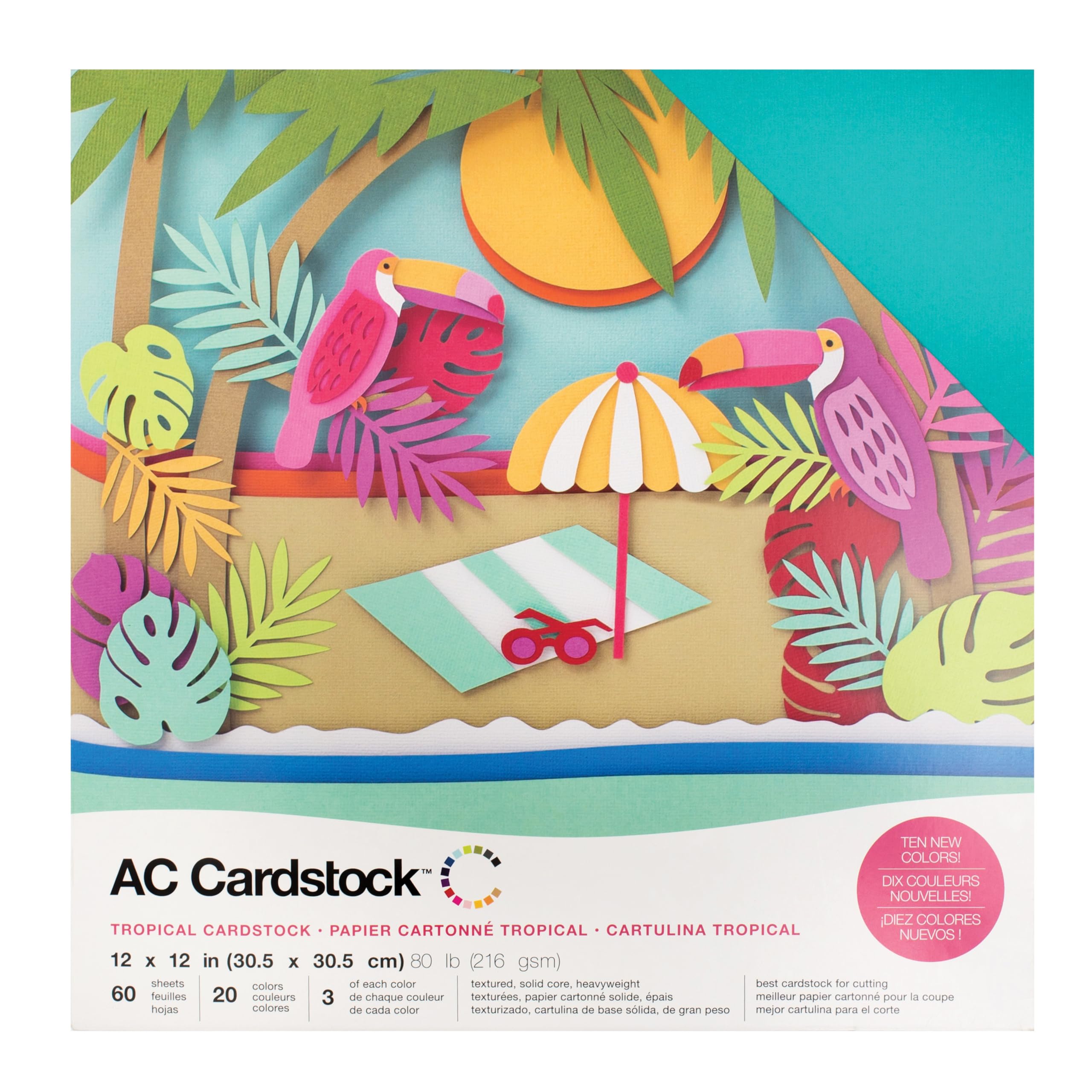 American Crafts 12x12 Card Stock Paper Pack - 60 Sheets, 20 Vibrant Colors (3 Sheets Each) | Premium Tropical-Themed Arts & Crafts Supplies for Scrapbooking, Card Making, Invitations & DIY Projects | Printer-Friendly Colored Cardstock for Creative Celebrations