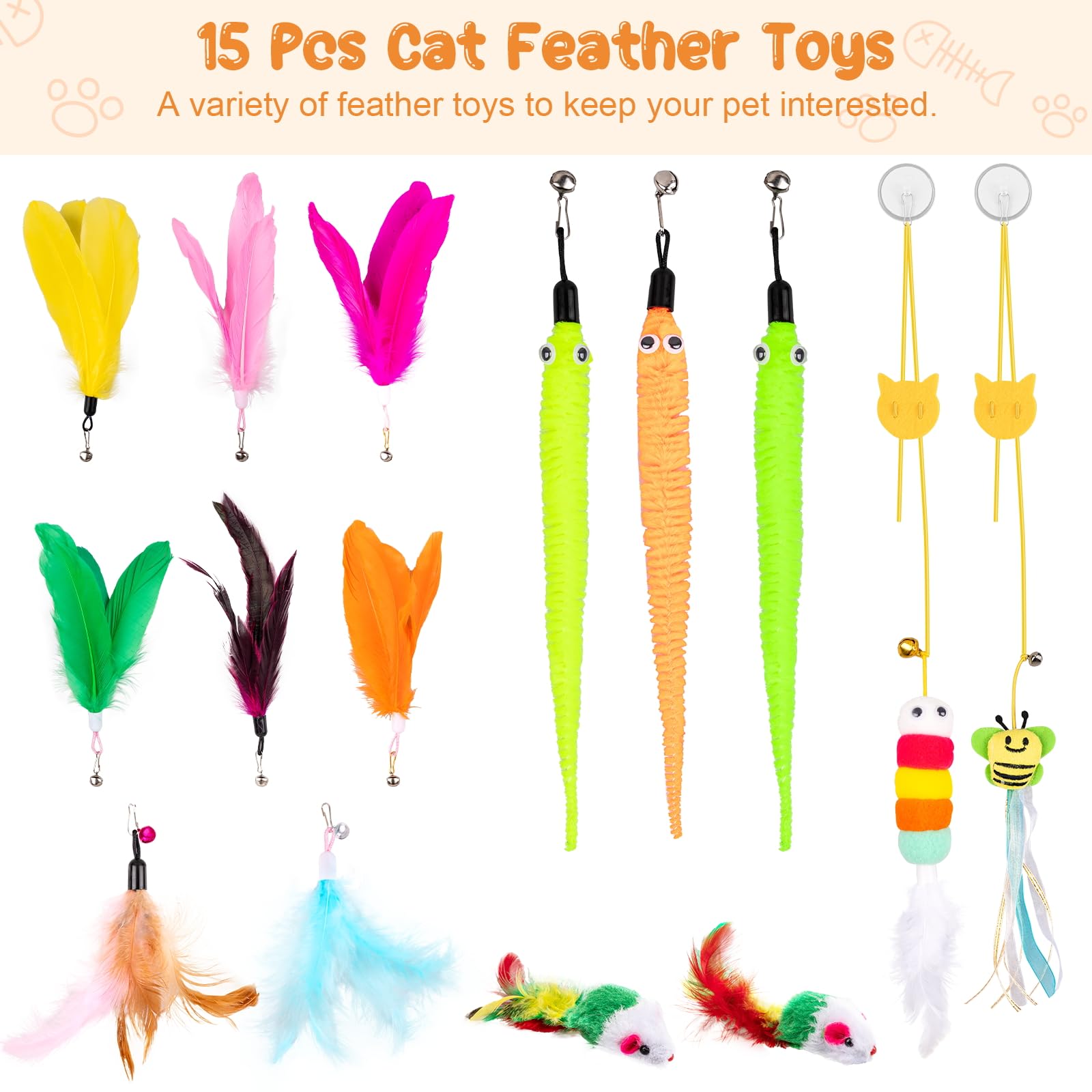Depets Interactive Cat Wand Toy - 15 Pcs Feather Teaser Toy with 2 Play Modes & Reusable Suction Cup for Indoor Cats & Kittens | Perfect for Exercise, Playtime & Bonding with Your Feline Friend