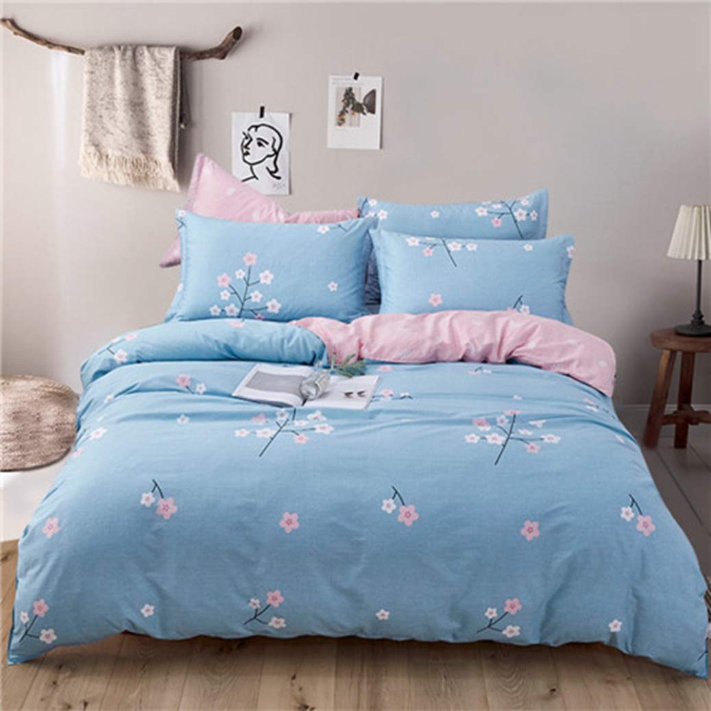 BERTERI Romantic Floral Printed Blue Duvet Cover Set - Breathable 100% Cotton Reversible Comforter Cover for Full/Queen Size Bed - Perfect for Girls' Bedroom Decor & Cozy Sleep