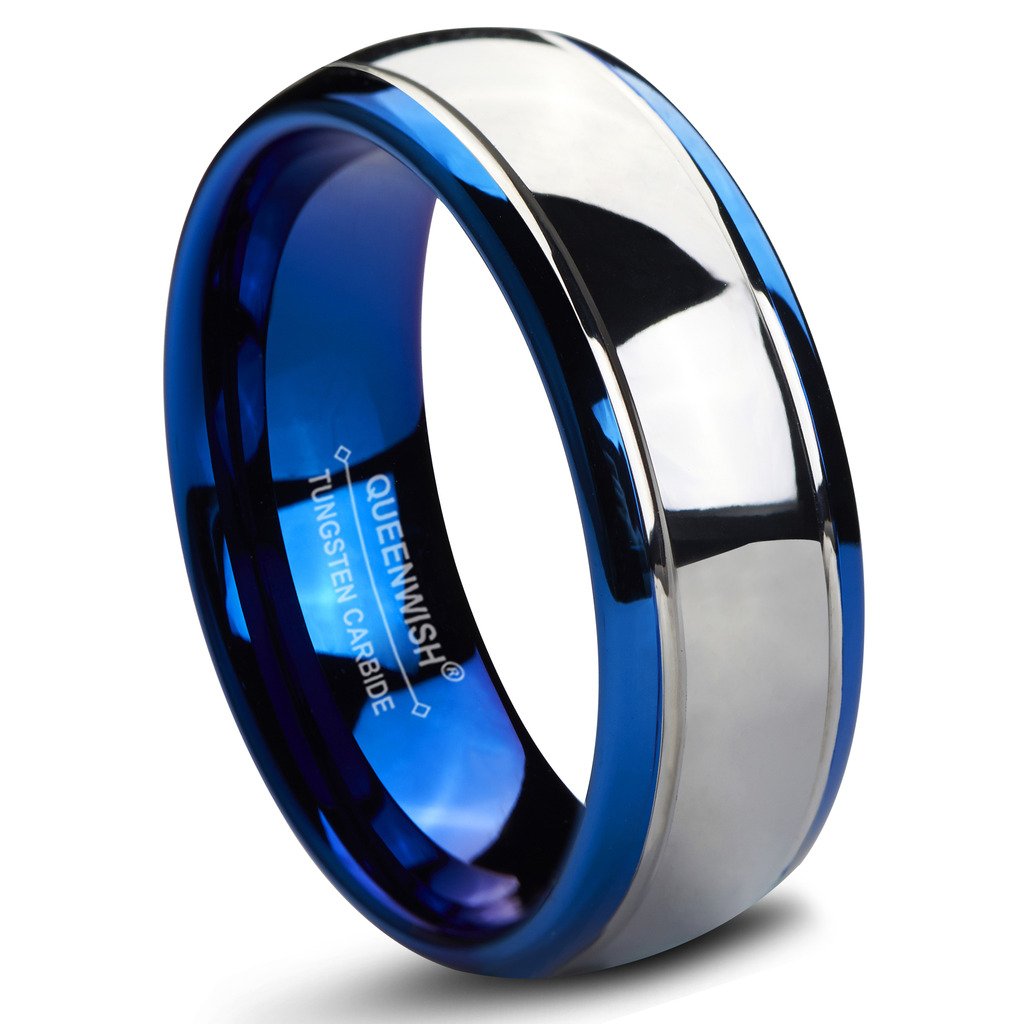 6mm & 8mm Blue Tungsten Carbide Wedding Bands for Men and Women - Silver Dome Engagement Rings for Couples - Perfect for Anniversaries, Proposals and Everyday Wear