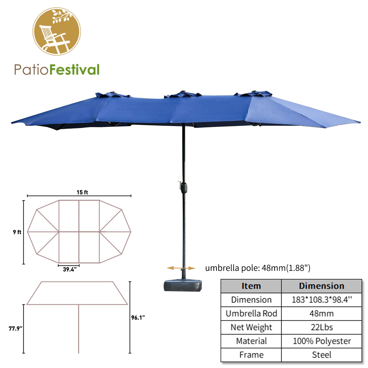 PatioFestival 15FT Outdoor Patio Umbrella - Double-Sided Garden Table Umbrella with Crank Open/Close System, UV-Resistant & Fade-Proof Canopy - Perfect for Lawn, Deck, Backyard, Poolside & Outdoor Dining Areas