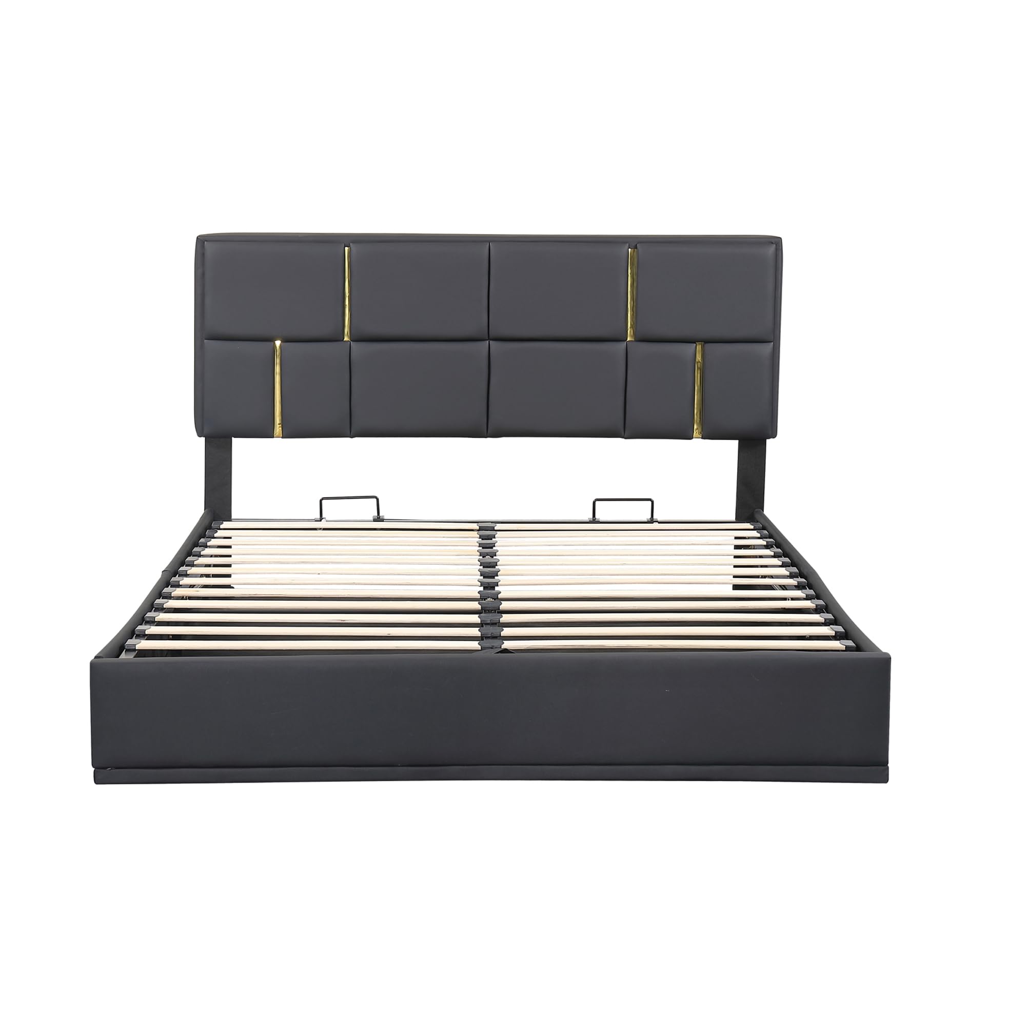 Queen Size 2-Piece Bedroom Set - PU Upholstered Platform Bed with Hydraulic Storage & Matching Ottoman - Wood Frame with Metal Legs for Kids, Teens & Adults - Perfect for Small Spaces & Guest Rooms (Black)