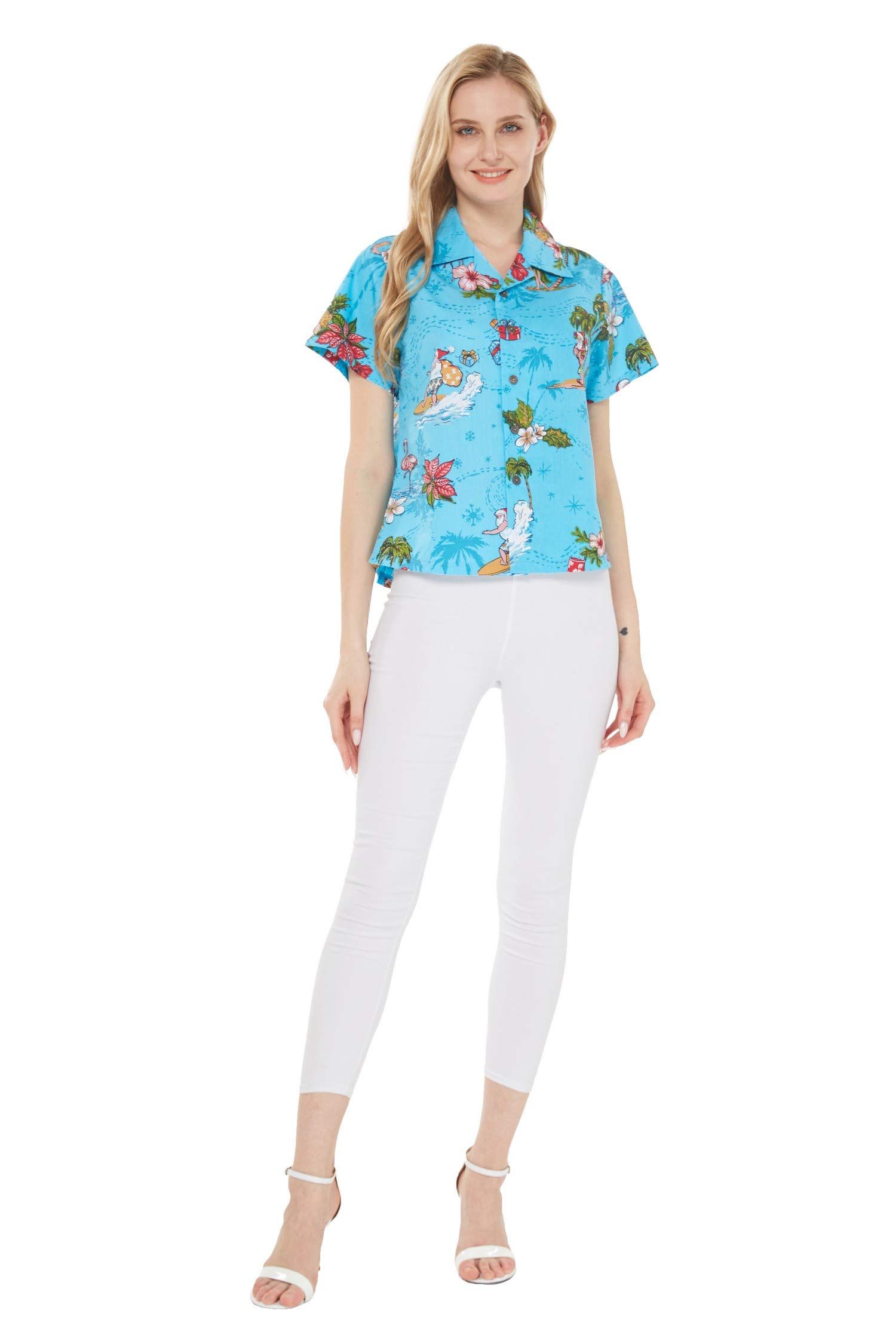 Women's Hawaiian Aloha Shirt - Christmas Santa in Hawaii Red Floral Print Short Sleeve Shirt for Beach Vacation, Luau Party & Summer Outfits