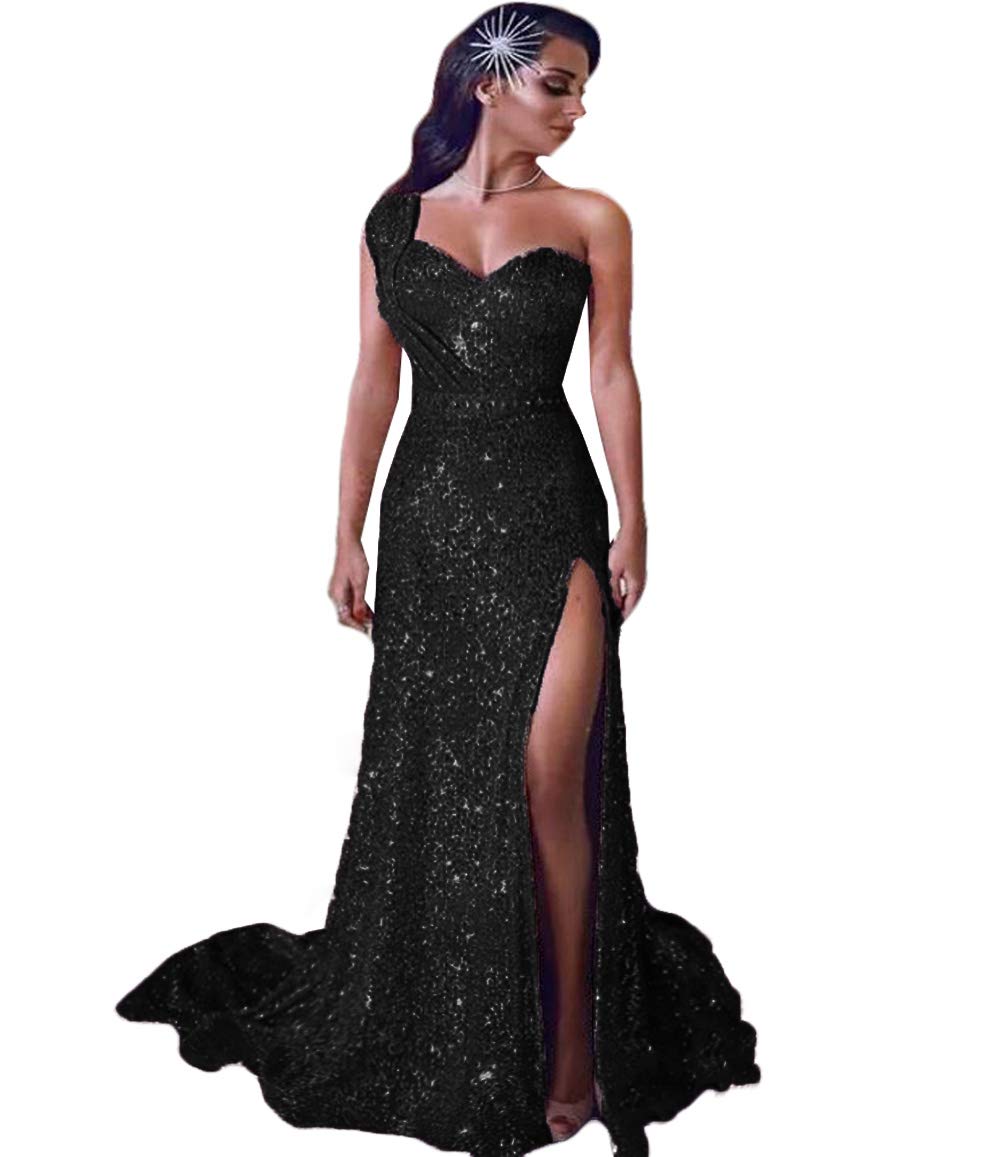 Elegant One Shoulder Sequin Mermaid Evening Gown with Ruched Detail & High Slit - Perfect for Prom, Homecoming, Gala & Formal Events