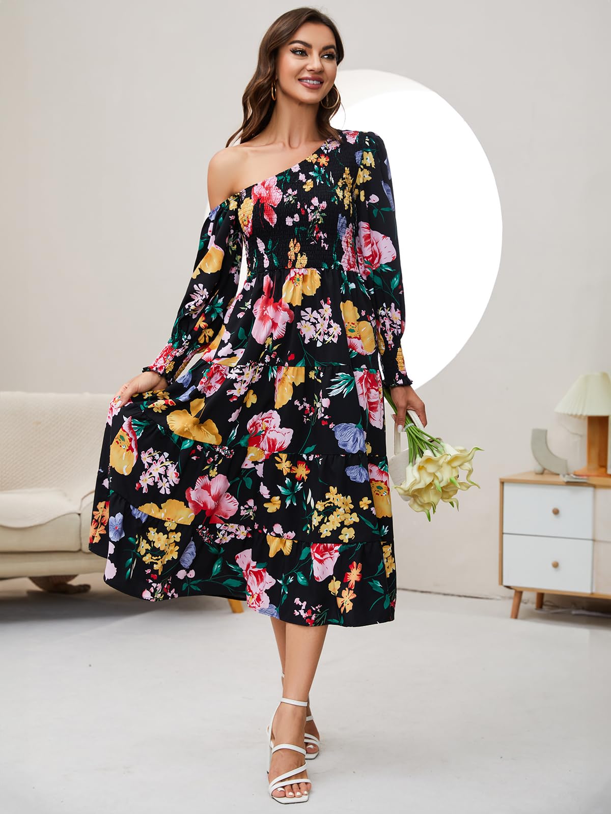 Women's Floral Long Sleeve Maxi Dress with Puff Sleeves & Pockets - Casual Spring Summer Flowy Dress for Beach, Wedding & Everyday Wear