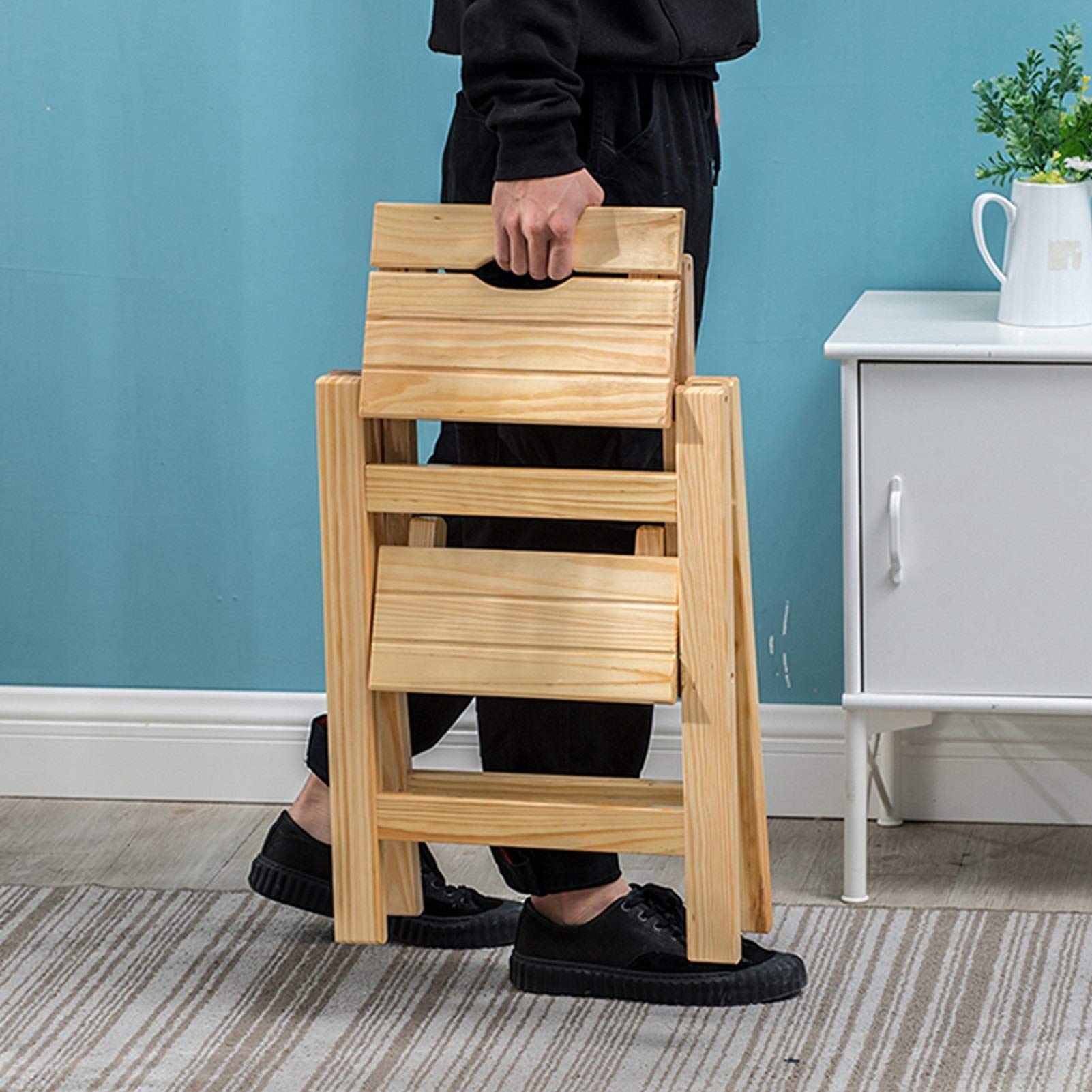 2-Step Folding Wooden Step Stool for Kitchen, Adults & Kids - Portable Multi-Purpose Ladder for Indoor & Outdoor Use - Plant Stand, Climbing Aid, Home Decor