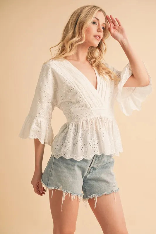 Flounce Sleeve Eyelet Peplum Top for Women - Elegant Summer Blouse with Ruffled Hem & Lace Details | Perfect for Casual Outings, Date Nights & Office Wear
