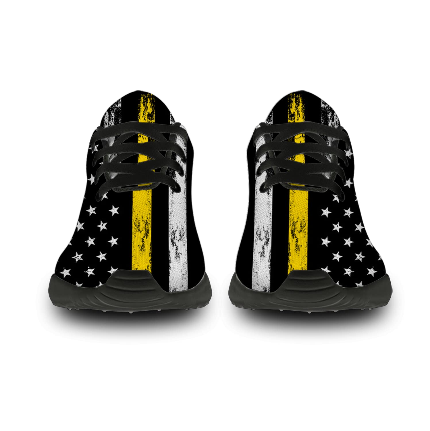 Men's & Women's Patriotic American Flag Print Running Shoes - Thin Yellow Line Walking & Tennis Sneakers - Size 11.5 Men/14 Women in Black - Perfect for Jogging, Gym Workouts & Casual Wear