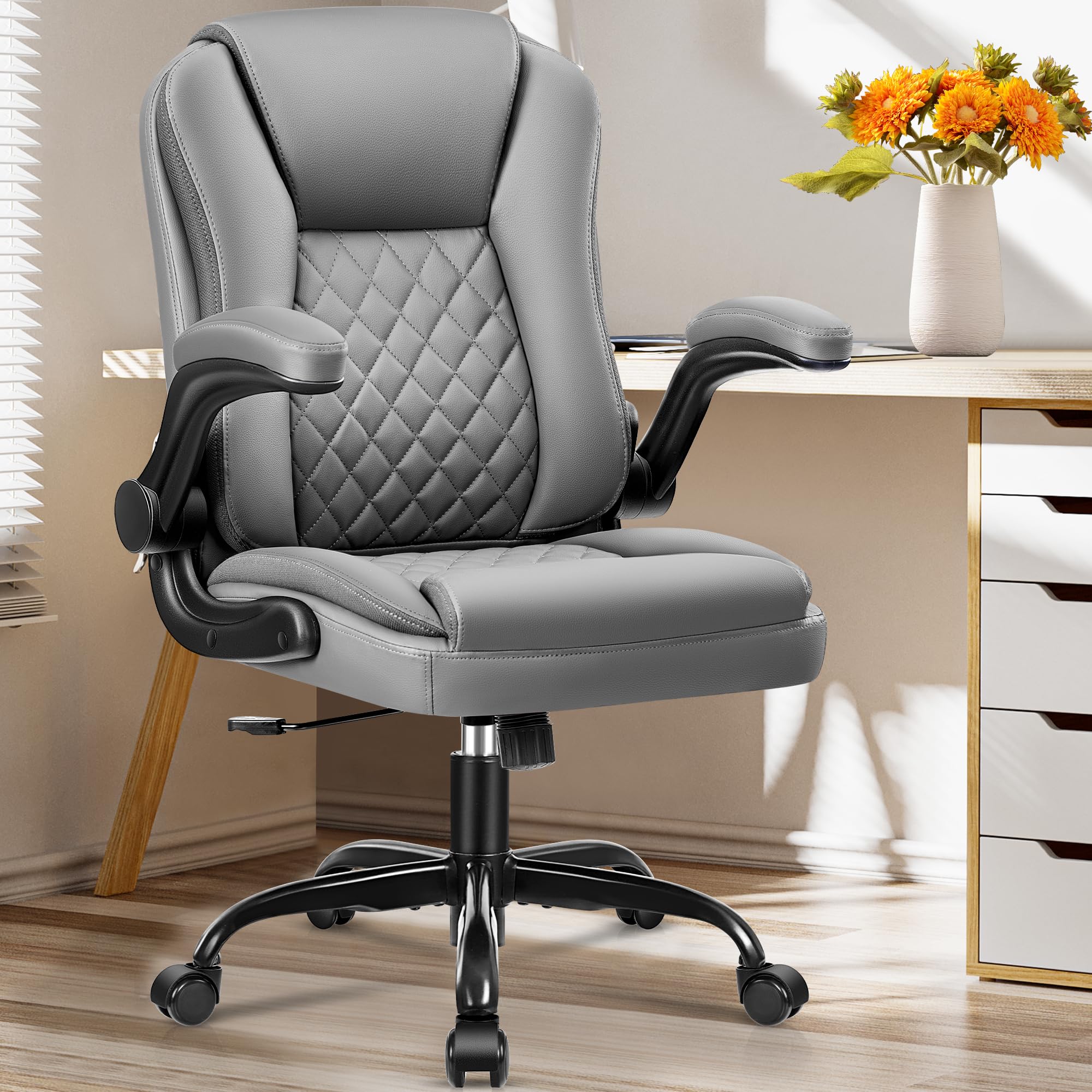 Premium Ergonomic Leather Executive Office Chair with Wheels, Swivel & Lumbar Support - Adjustable Flip-Up Armrests - Gray - Perfect for Home Office, Gaming & Workspace Comfort