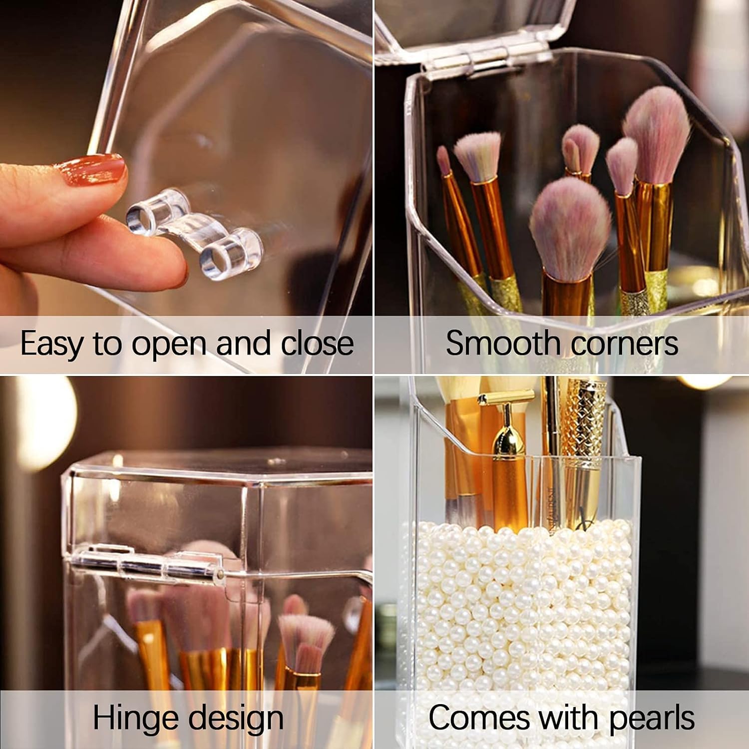 Hexagon Acrylic Makeup Brush Holder with Lid - Dustproof Cosmetic Organizer & Storage Case with White Pearl - Perfect for Bathroom, Dresser, Vanity and Countertop (Clear) - Ideal for Travel, Home Decor & Beauty Storage Organization