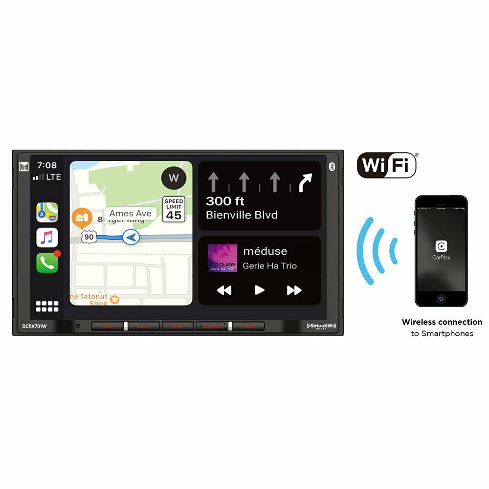Dual Electronics DCPA701W 7-Inch Single-DIN Car Stereo with Bluetooth, Android Auto, Wireless CarPlay, WiFi, Built-in Gravity Magnet Phone Holder & Rearview Camera - Perfect for Hands-Free Calling, Music Streaming & Safe Driving in Your Vehicle