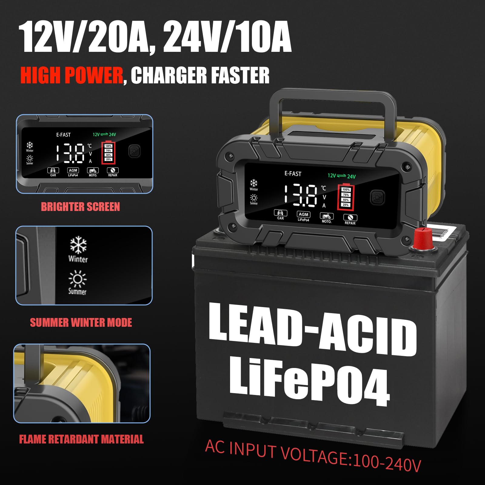 E-FAST 20A Smart Battery Charger for 12V/24V LiFePO4 & Lead Acid - Automatic Car Battery Charger & Maintainer - Portable Trickle Charger for Automotive, Truck, Motorcycle, Lawn Mower, Boat - Perfect for Winter Storage & Long-Term Vehicle Maintenance