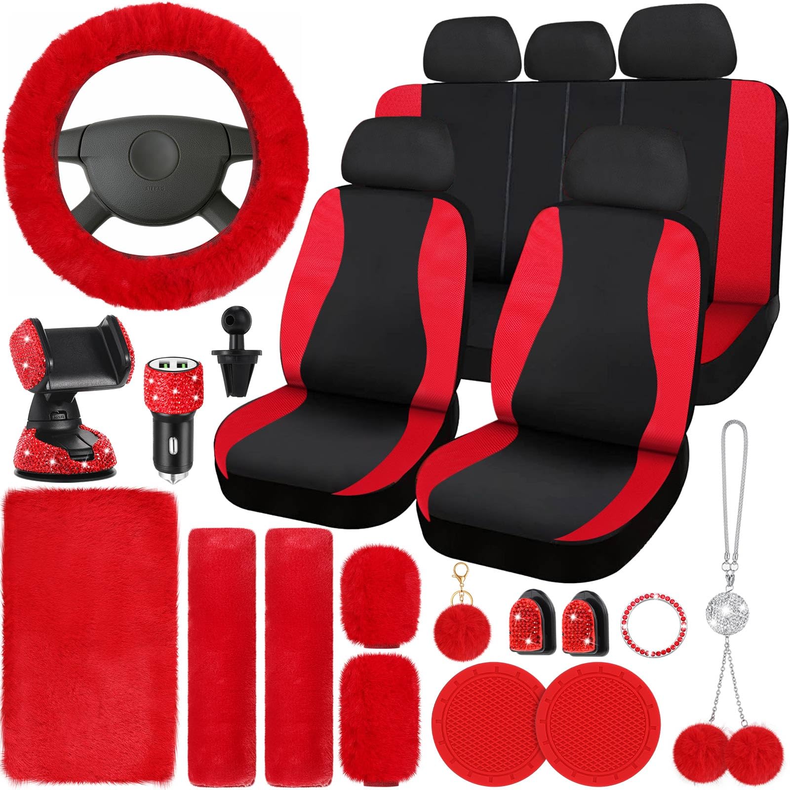 24-Piece Luxury Red Car Seat Cover Set for Women - Full Front & Rear Seat Covers with Fluffy Steering Wheel Cover, Crystal Decorated Seat Belt Shoulder Pads, Bling Car Phone Holder & Hooks - Perfect for Daily Commute, Road Trips & Gift Giving