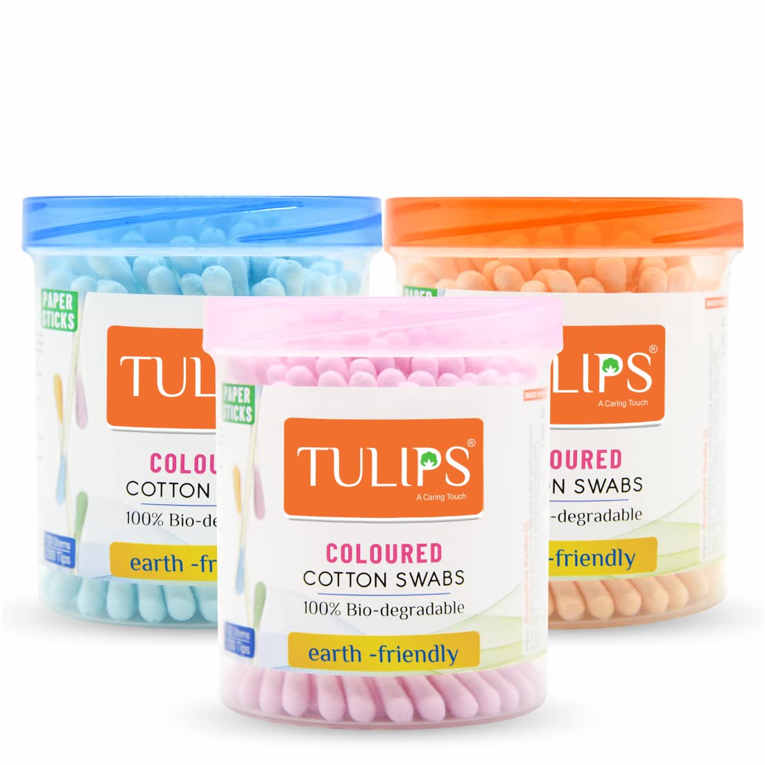 TULIPS Cotton Swabs - 3 Pack Multicolor Ear Buds with White Paper Stick (100/200 Tips) in Jar - Perfect for Makeup, Baby Care & First Aid