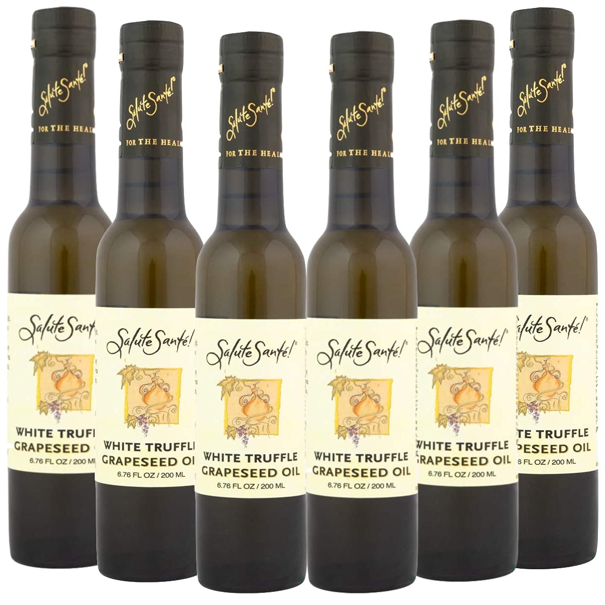 Salute Sante White Truffle Infused Grapeseed Oil - Premium Cold Pressed Cooking Oil for Dipping, Marinades, Salads & Finishing Dishes | Vegan, Non-GMO, 200ml (6 Pack) | Perfect for Gourmet Cooking, Italian Cuisine & Healthy Meal Prep