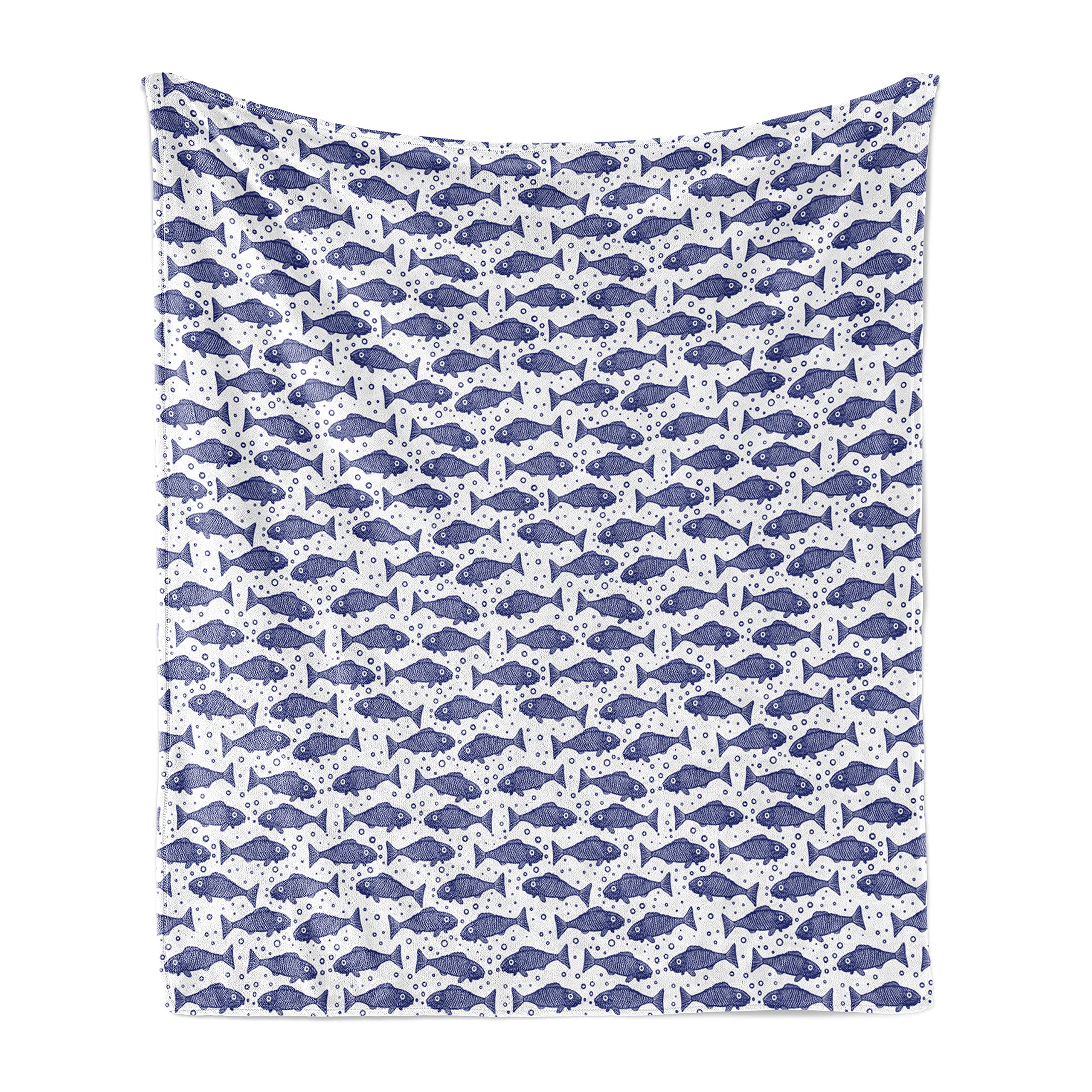 Ambesonne Nautical Throw Blanket - Monochrome Hand-Drawn Fish Pattern Fleece Blanket, 60x80 Inches, Soft Flannel Couch Cover for Living Room, Bedroom, or Office - Violet Blue & White | Cozy Home Decor, Perfect Gift for Adults
