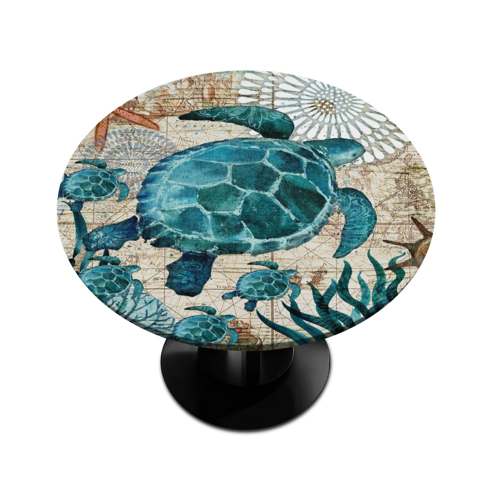 Elastic Edge Round Tablecloth - Ocean Nautical Seaweed Design, Wipeable Fitted Table Cover for Dining Kitchen (45