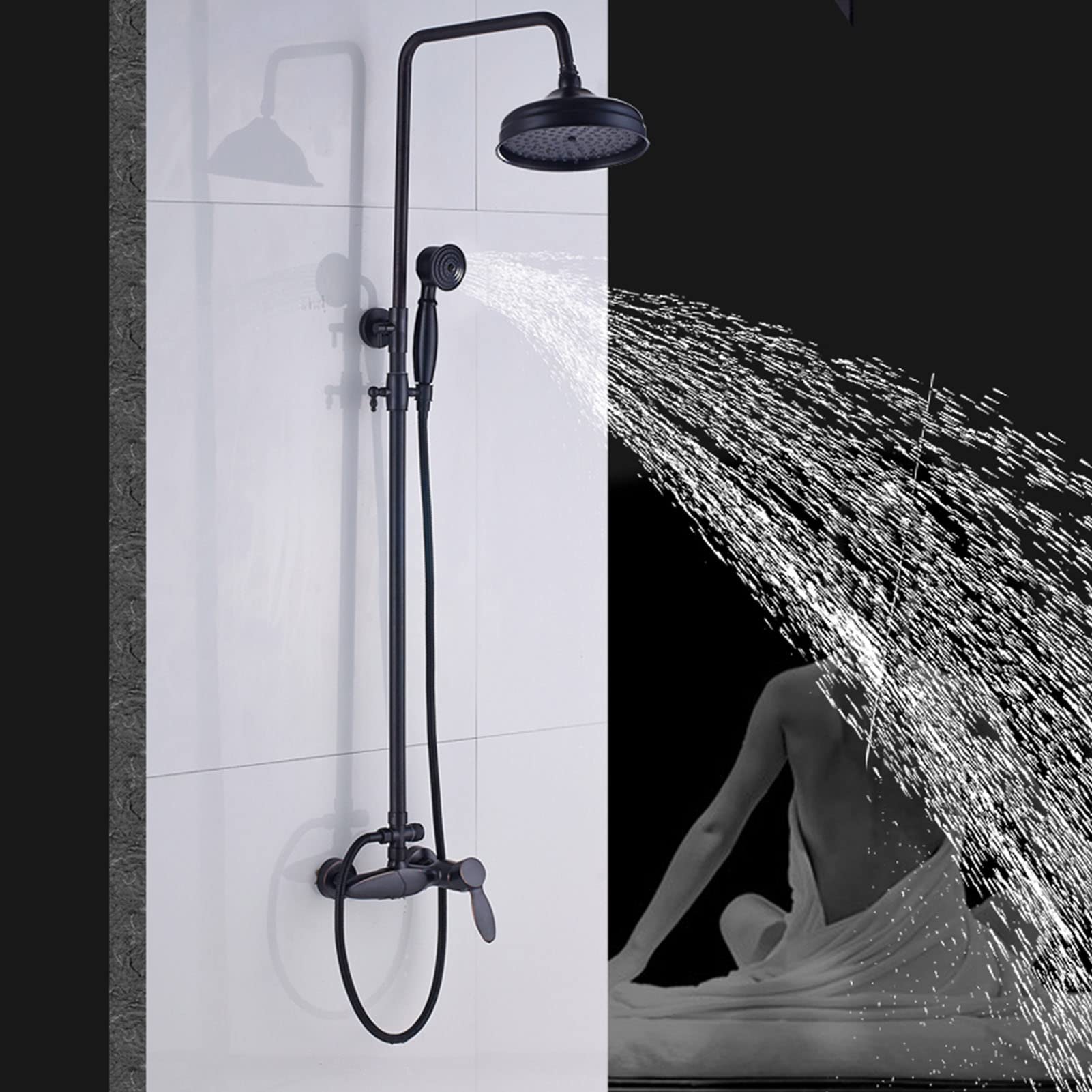 Black Bronze Wall Mounted Shower Mixer Set with Rainfall Shower Head & Hand Shower - Height Adjustable for Luxurious Bathroom Experience | Perfect for Modern Homes, Spa-Like Showers & Water-Saving Bathrooms