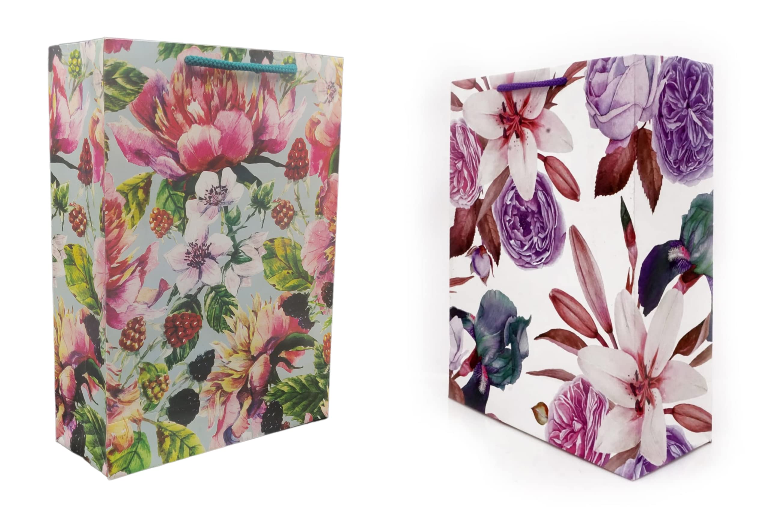 Cherry & Lily Floral Printed Gift Bags - 10 Pack Assorted Designs for Birthday, Party Favors, Wedding Favors & Return Gifts (28x20x7.5cm) | Elegant Paper Carry Bags for Special Occasions & Present Wrapping