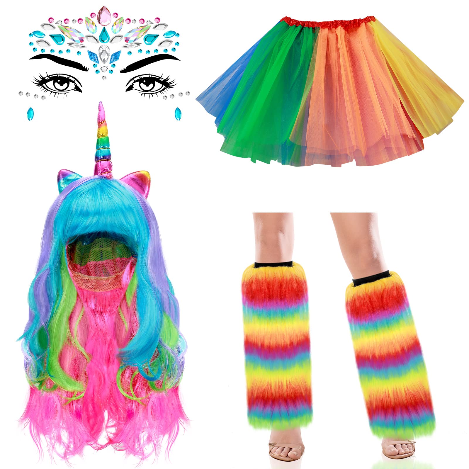 Geosar 4-Piece Unicorn Costume Set - Rainbow Fluffy Leg Warmers, Layered Tulle Tutu Skirt, Unicorn Wig & Headpiece with Face Gem Stickers for Women | Perfect for Halloween, Cosplay, Birthday Parties & Festive Performances