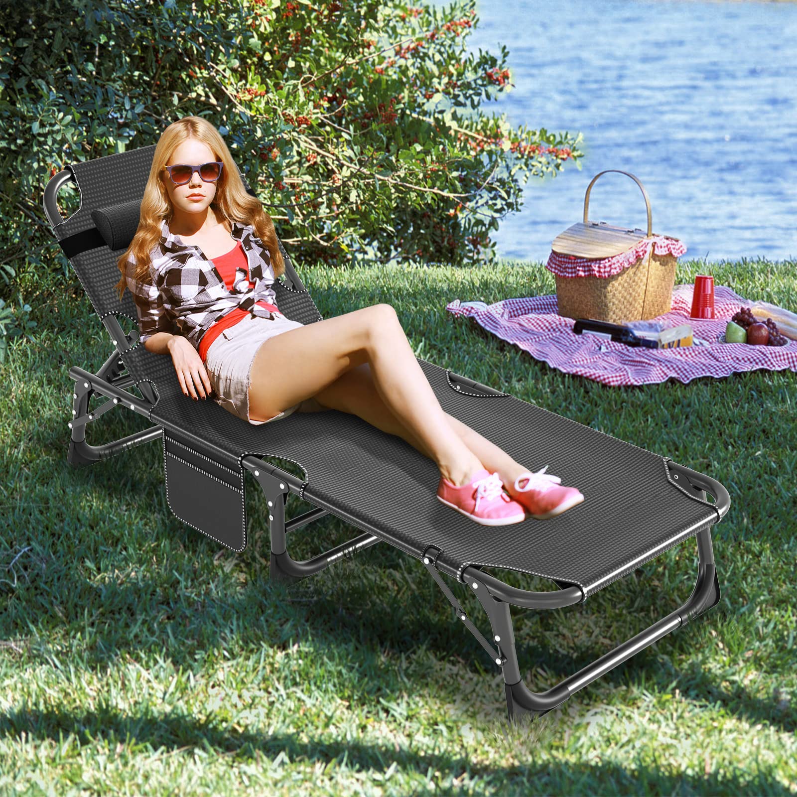 LILYPELLE 5-Position Adjustable Folding Lounge Chair with Mattress - Portable Outdoor Chaise Lounge for Sunbathing, Camping, Beach, Pool & Patio - Perfect for Relaxing, Travel & Backyard Lounging