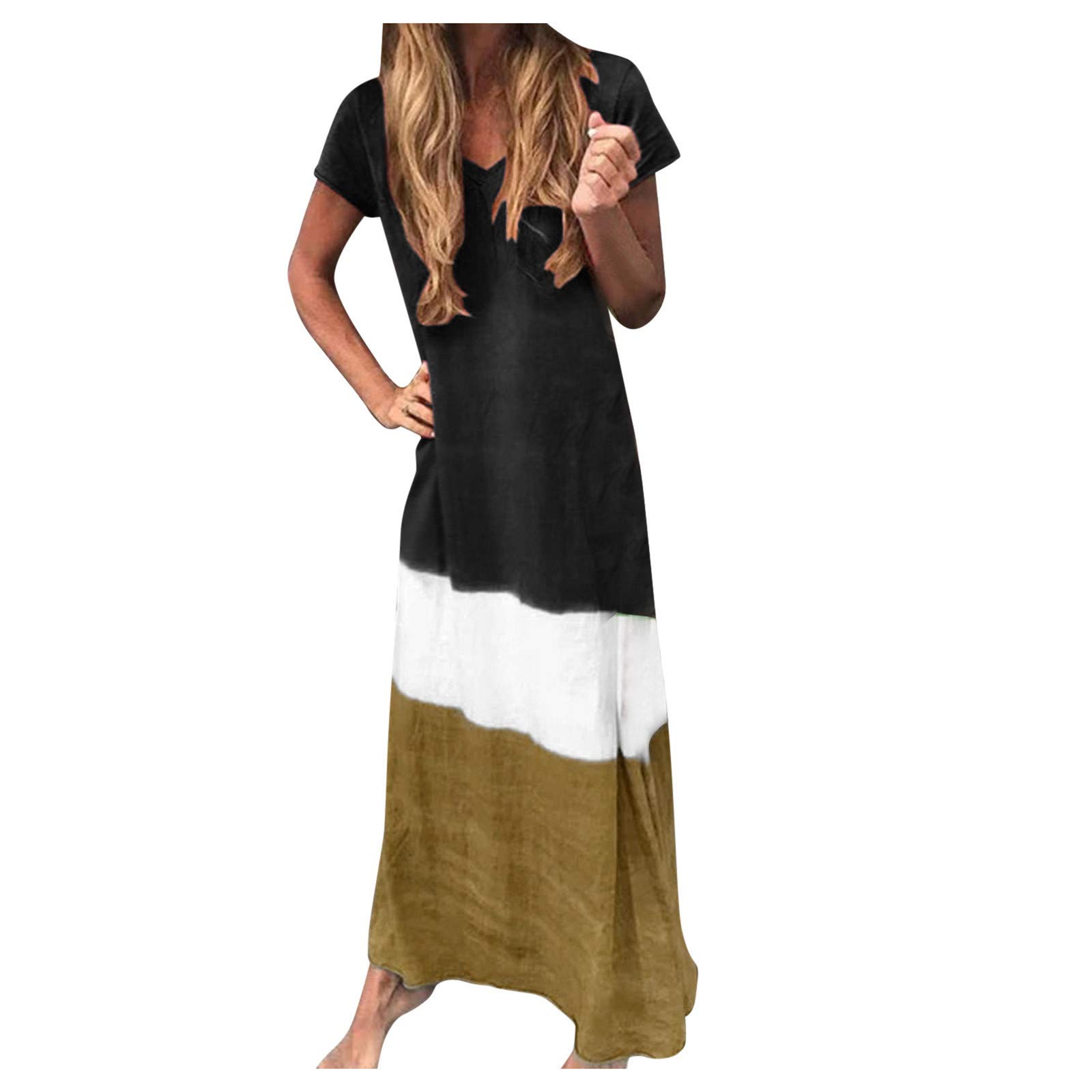 Plus Size Women's Color Block Flowy Swing Maxi Dress - Summer Casual Short Sleeve V-Neck Long Dress for Beach, Vacation & Everyday Wear