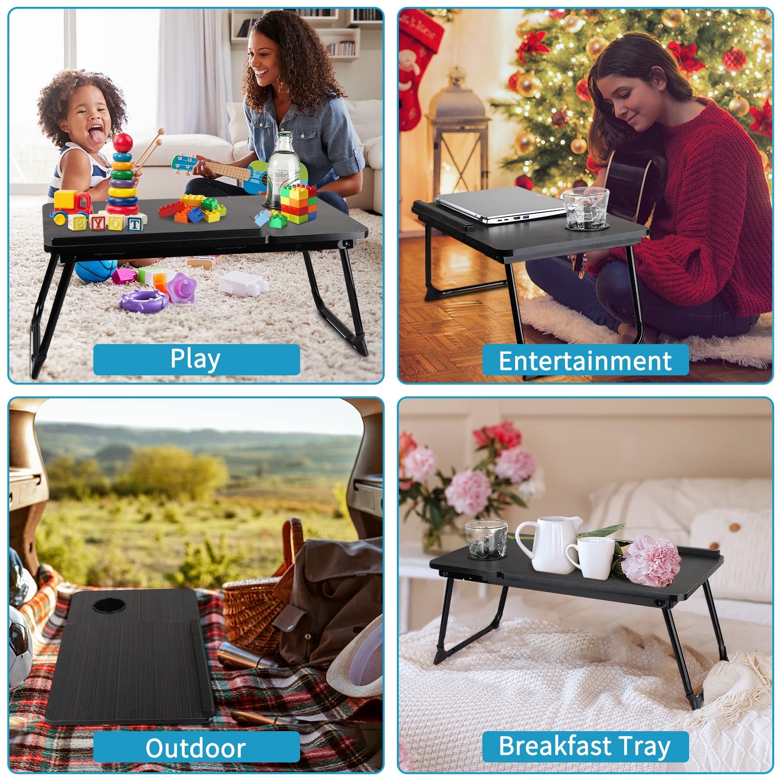 Laptop Desk for Bed & Couch - Adjustable Lap Desk with Cup Holder, Foldable Legs, Home Office & Breakfast Tray, Ideal for Working, Watching Movies, and Reading in Bed (Black)