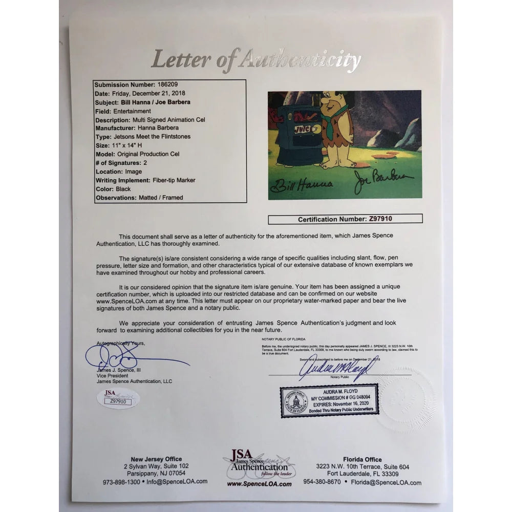 Original Flintstones Hand-Painted Hanna-Barbera Animation Cel - Dual Signed & Framed with JSA COA - Perfect for Collectors, Animation Fans & Home Decor