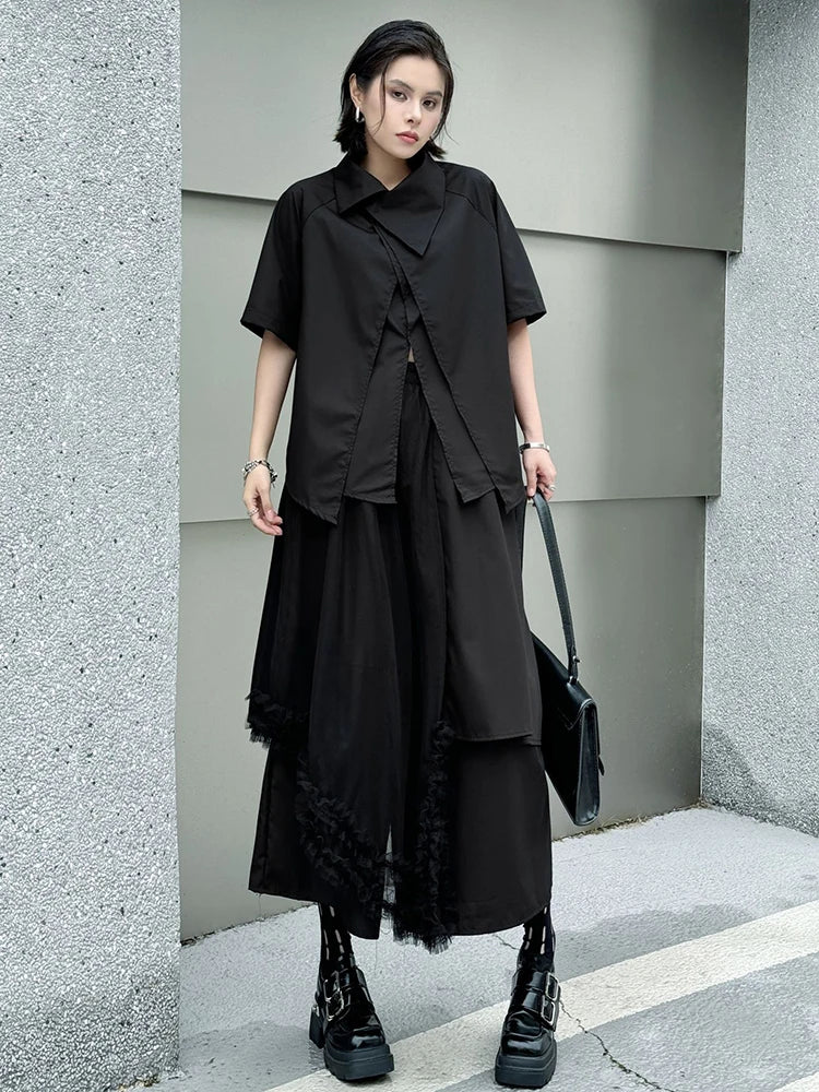 Oversized Black Asymmetrical Mesh Pantsuit Set - Fashionable Lapel Short Sleeve Two Piece Outfit for Women | Spring Summer 2025 Trendy Streetwear | Perfect for Casual Wear, Night Out & Fashion Events