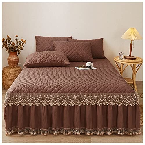 Quilted Queen Bed Skirt Set with Lace & Pillowcases - Home Decor