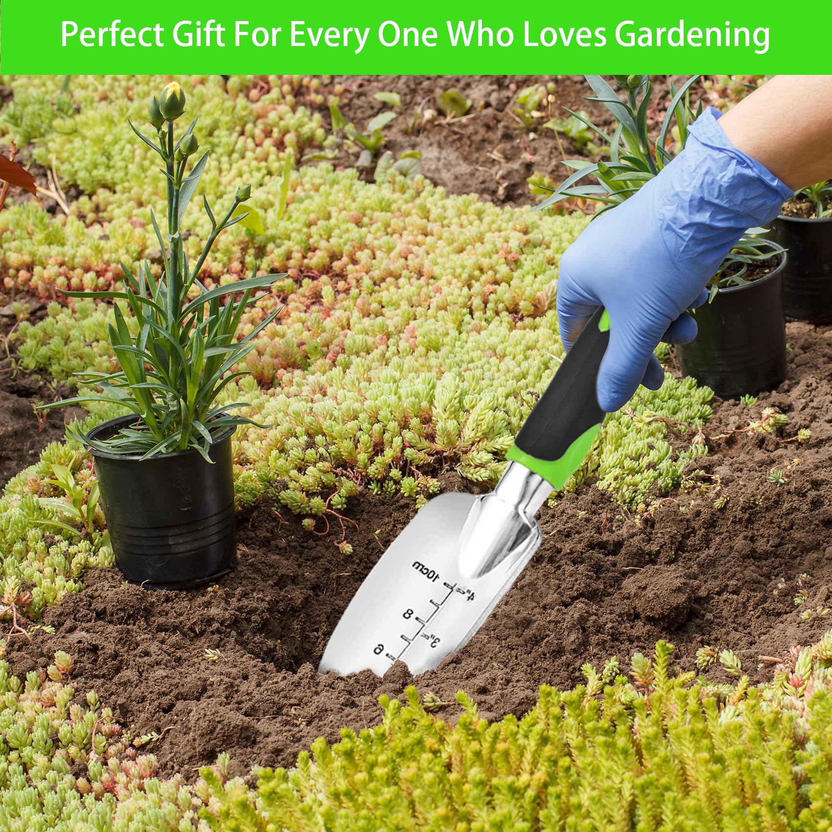 Premium Aluminum Alloy Garden Trowel Set with Ergonomic Rubber Handle - 3-Piece Gardening Hand Shovel Kit for Planting, Weeding & Soil Cultivation | Ideal for Home Gardens, Flower Beds & Vegetable Patches (Green)
