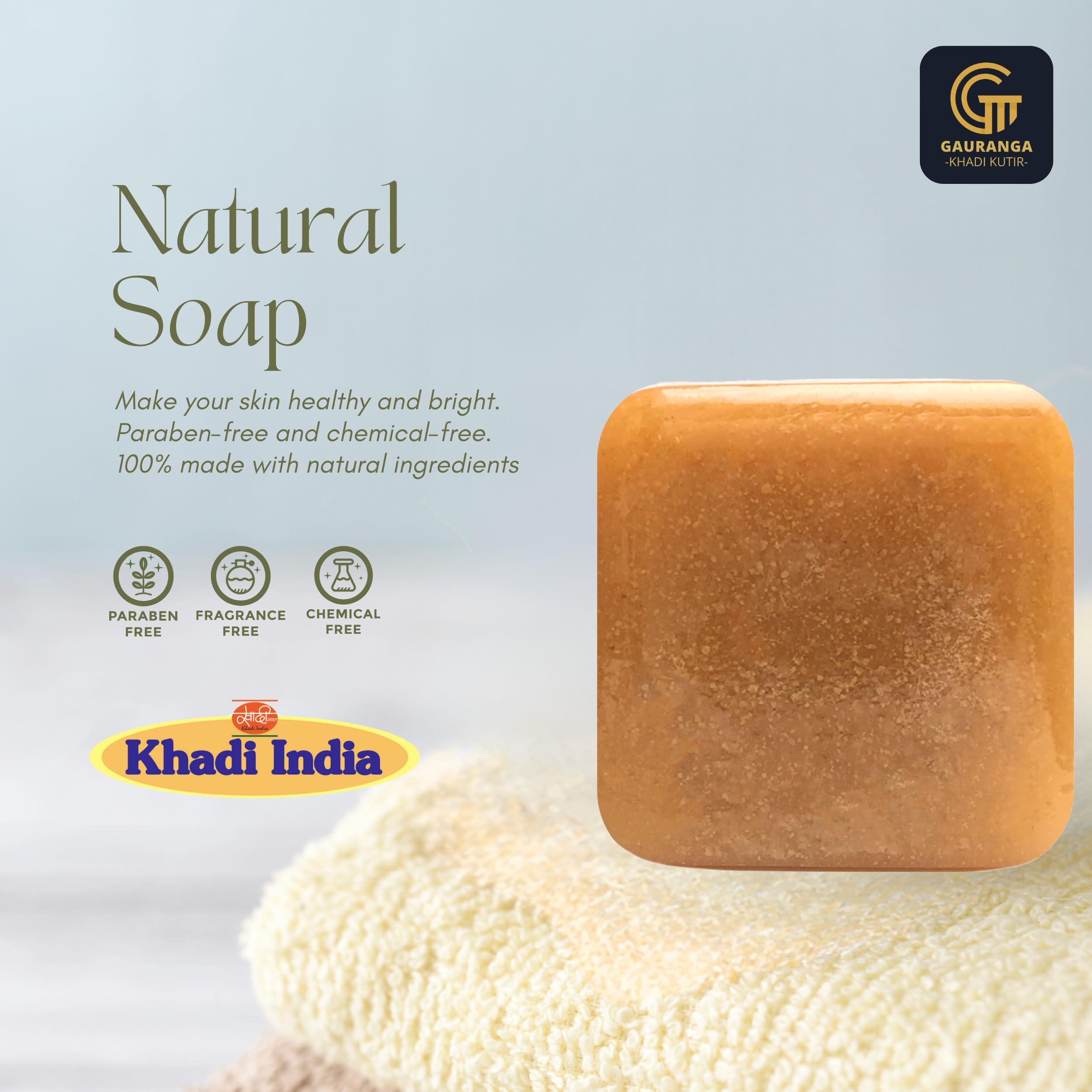 Gauranga Khadi Chandan Soap 150g - Premium Handmade Sandalwood Herbal Soap for Glowing Skin & Hydration | Natural Aroma & Gentle Cleansing | Men & Women Bath Soap with Soothing Fragrance | Perfect for Daily Skincare & Relaxing Bath Time