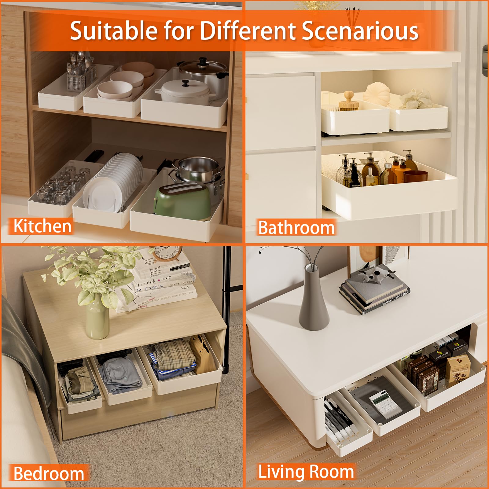 3 Pack Pull Out Drawer Organizer Kit - 3 Sizes Adhesive Cabinet Drawers with Nano Film - Expandable Kitchen Pantry & Bathroom Storage Solution for Spices, Utensils & Toiletries