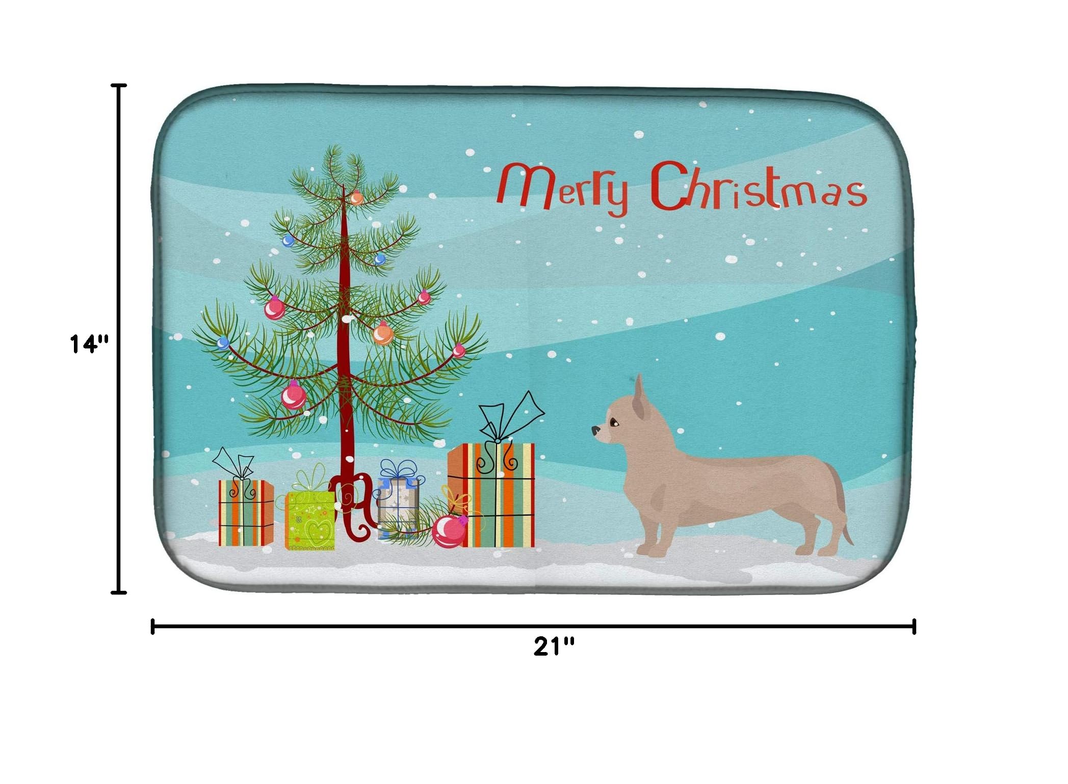 Tan Chiweenie Christmas Dish Drying Mat - Absorbent Kitchen Counter Pad (14x21