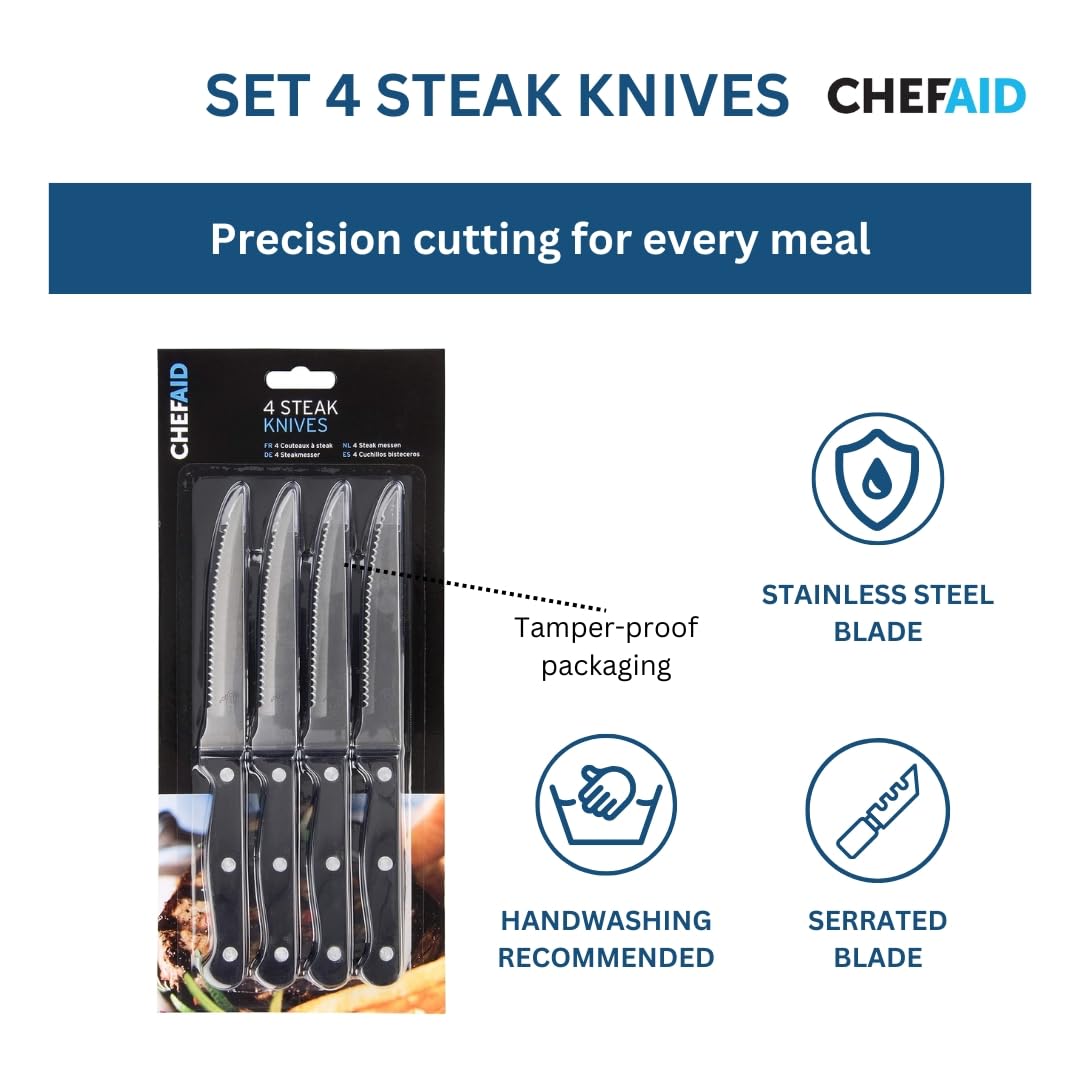 Premium Stainless Steel Serrated Steak Knife Set - 4-Piece Durable Multipurpose Kitchen Knives with Ergonomic Non-Slip Grip, Rust Resistant & Ultra Sharp Blades - Perfect for Steak Dinners, BBQ Parties & Fine Dining Experience